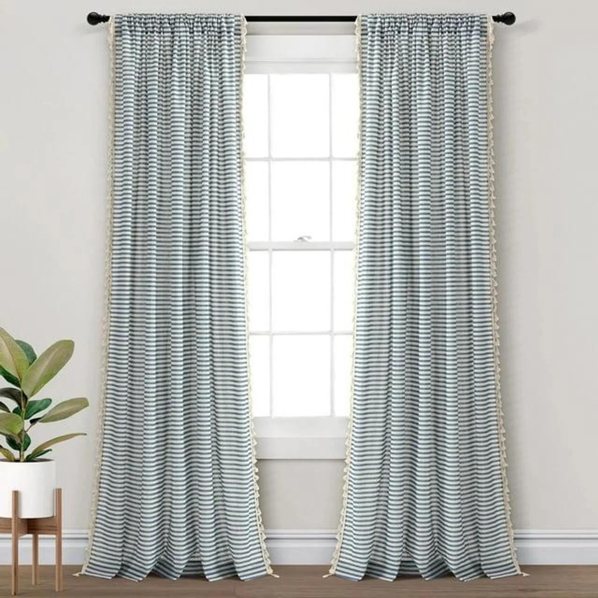 Lush Decor Boho Coastal Horizontal Ticking Stripe Tassel Window Curtain Panels Blue 52X84 Set