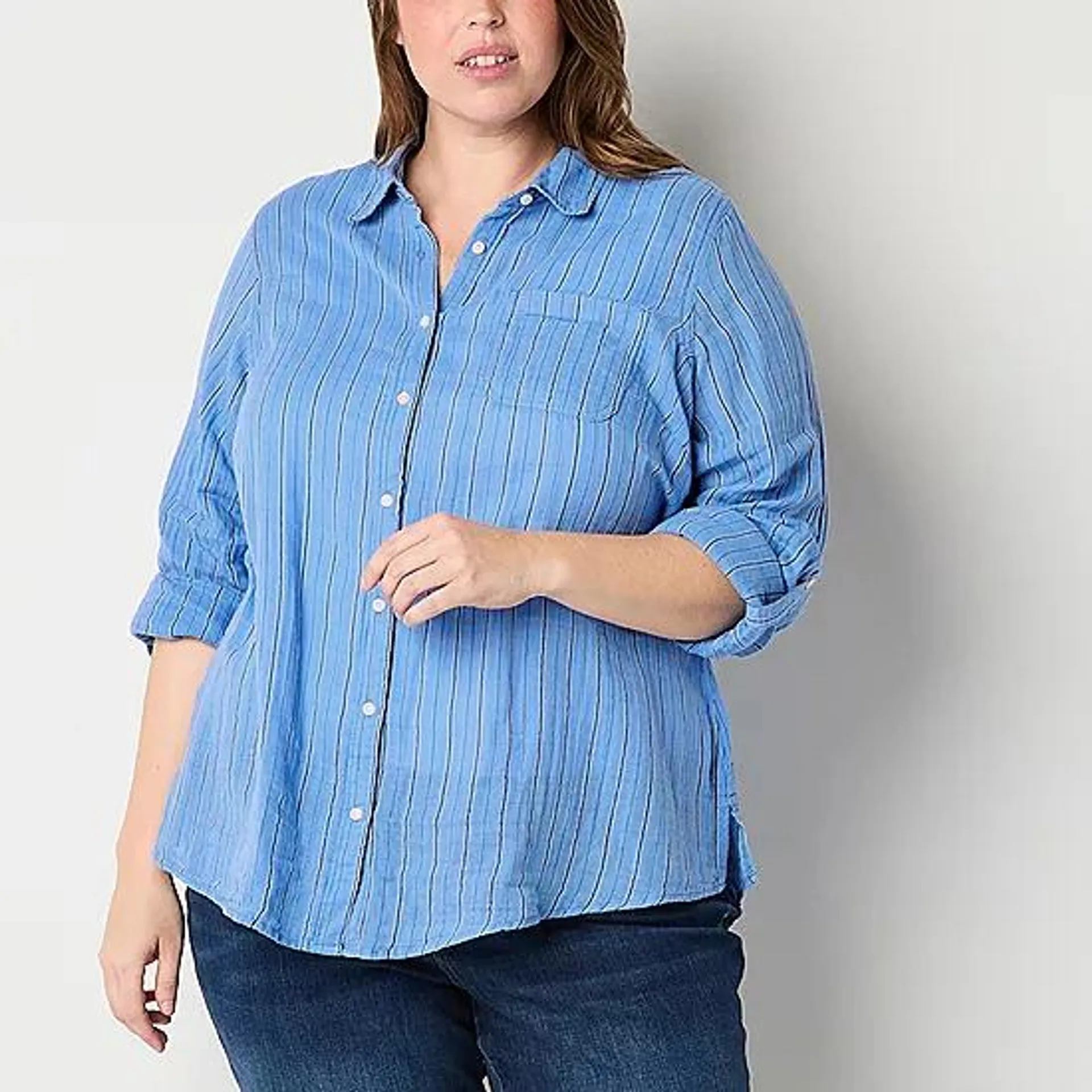 St. John's Bay Plus Womens Long Sleeve Regular Fit Button-Down Shirt