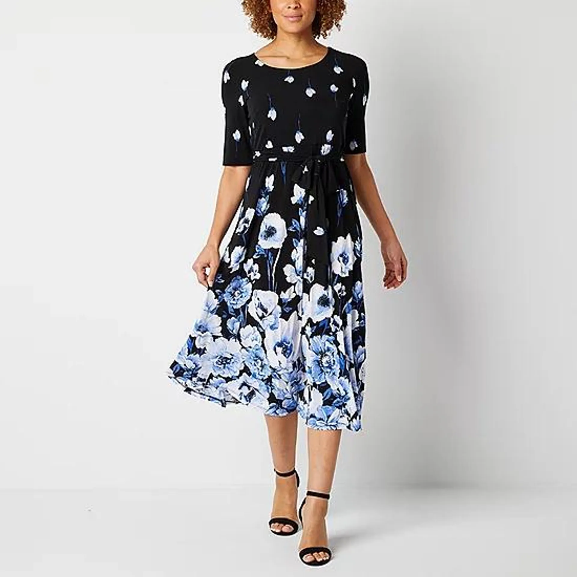 Black Label by Evan-Picone Short Sleeve Floral Midi Fit + Flare Dress