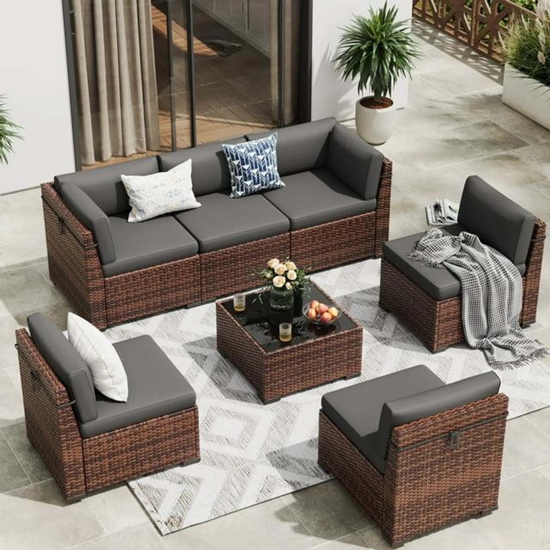 ECOPATIO 7 Pieces Patio Furniture Set, Outdoor Furniture Sectional Rattan Sofa with Slanted Back, Patio Couch with Glass Coffee Table for Backyard Garden Dark Grey (1 Waterproof Cover)