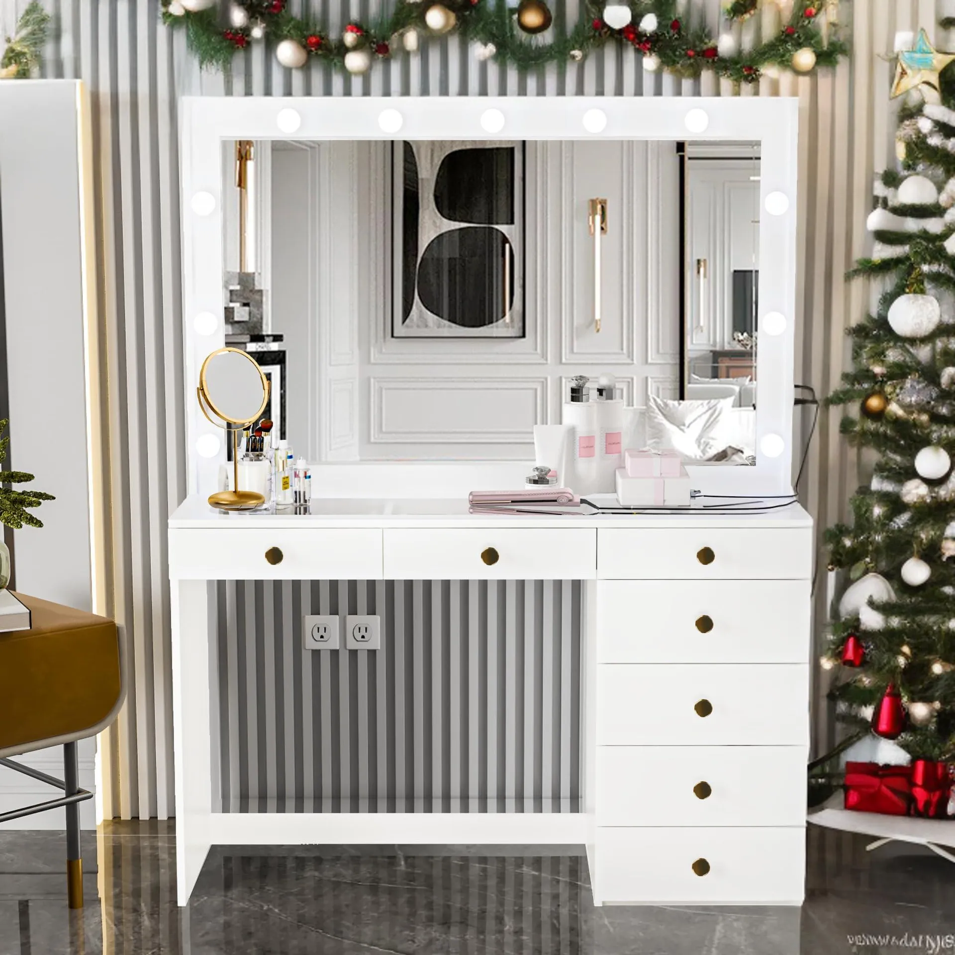 Boahaus Serena Modern Makeup Vanity with Lights, 7 Drawers, Vanity Mirror, Glass Top Vanity, Golden Knobs, New Built-in Lights V