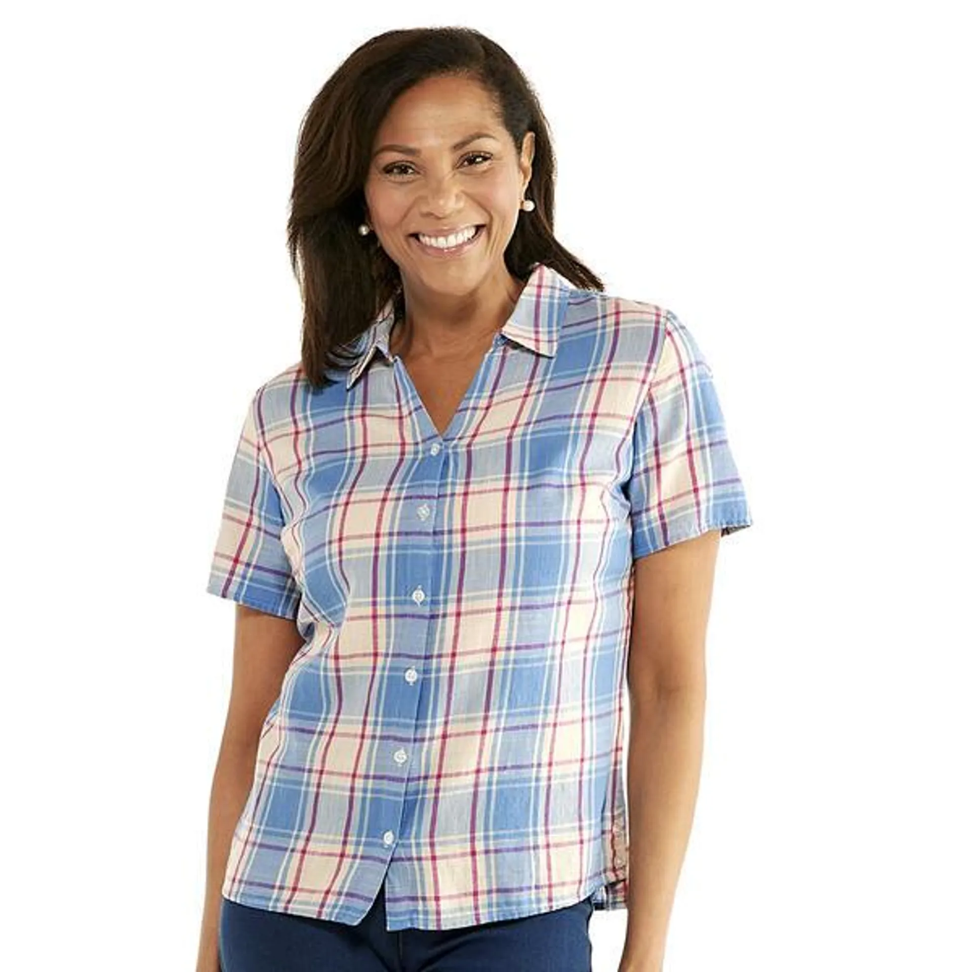 Womens Erika Hayden Short Sleeve Plaid Collar Casual Button Down