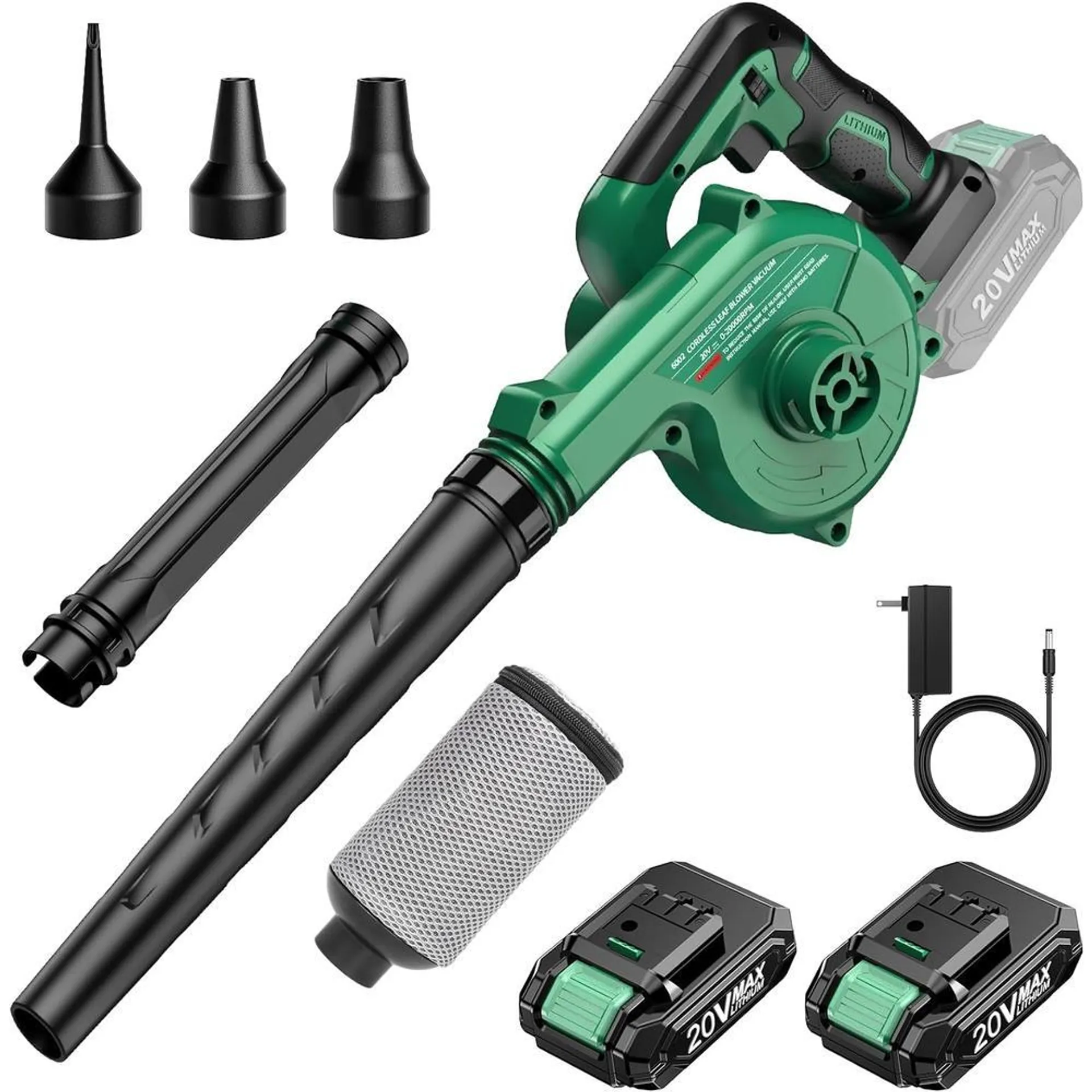 GCP Products Cordless Leaf Blower & Vacuum w/2 X 2.0 Battery & Charger, 2-in-1 20V Leaf Blower Cordless,150CFM Lightweight Mini Cordless