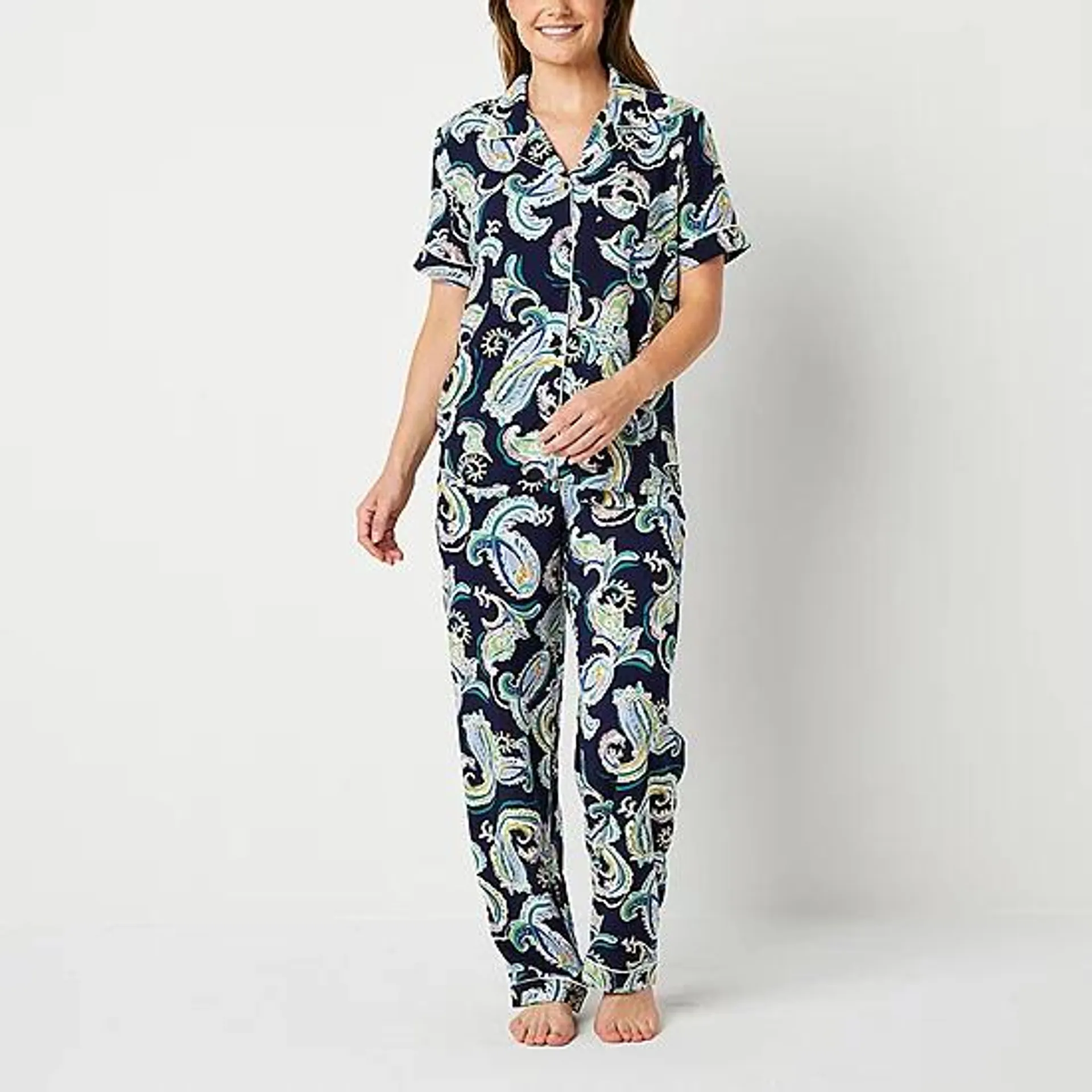 Liz Claiborne Womens Poplin Short Sleeve 2-pc. Pant Pajama Set