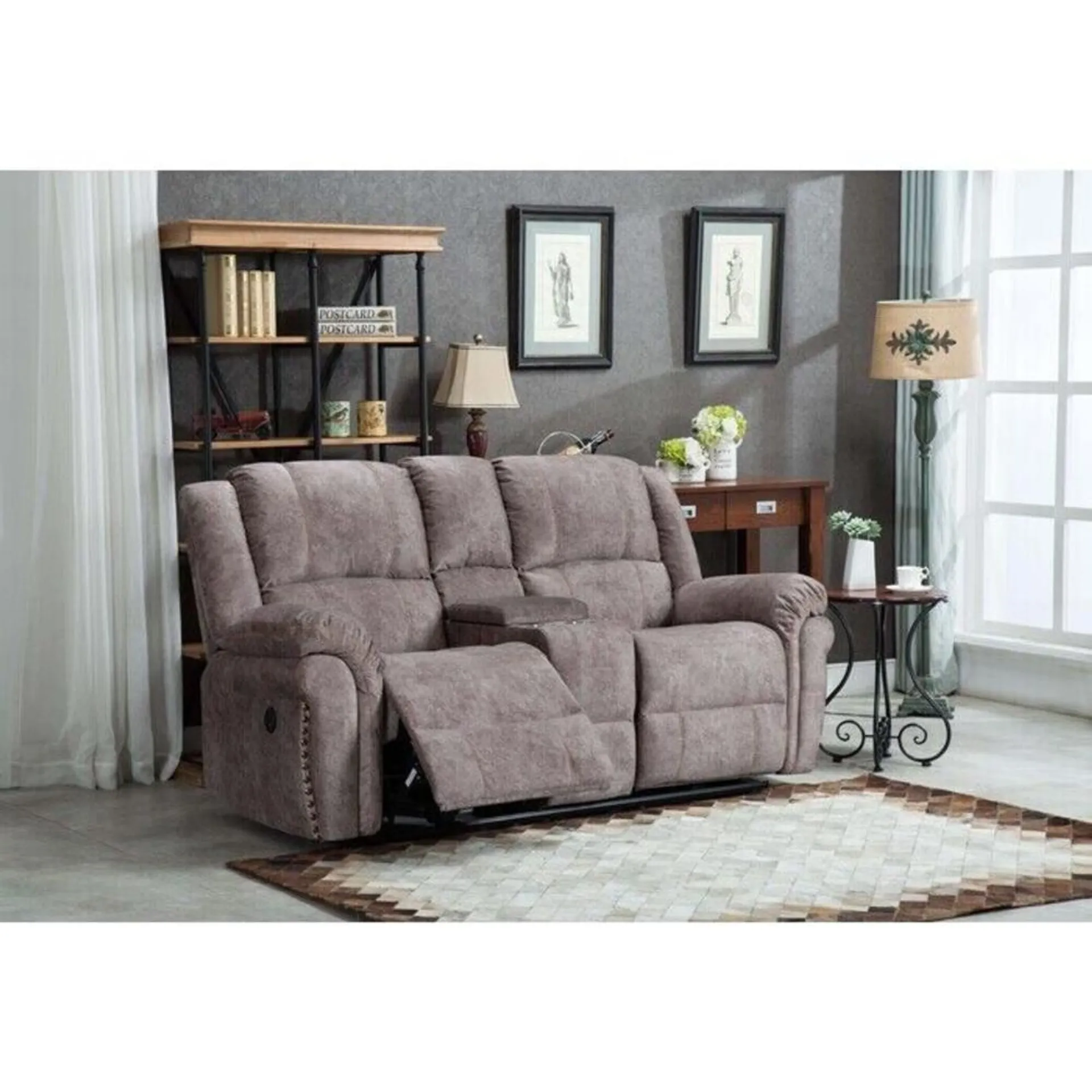 Esofastore Electric Powered Reclining 2-Seater Sofa w/ USB Port, Cupholders, Velvet Upholstered Loveseat, Living Room Furniture, Brown