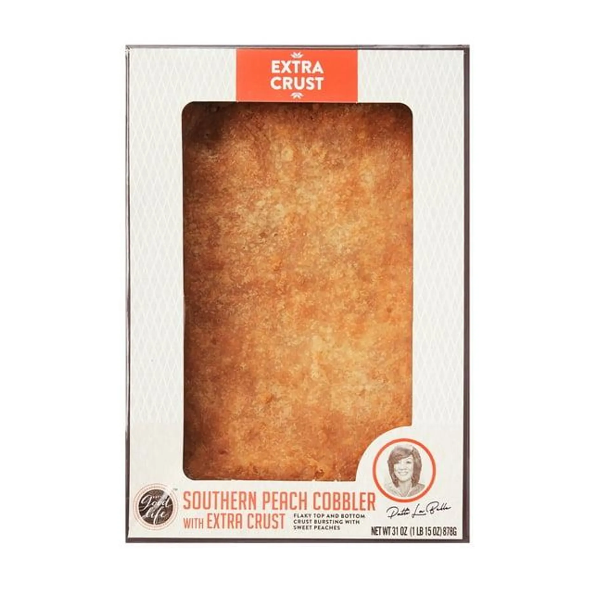 Patti LaBelle's Good Life Southern Peach Cobbler with Extra Crust 31oz, Shelf-stable, Boxed Whole, Flaky, Baked.