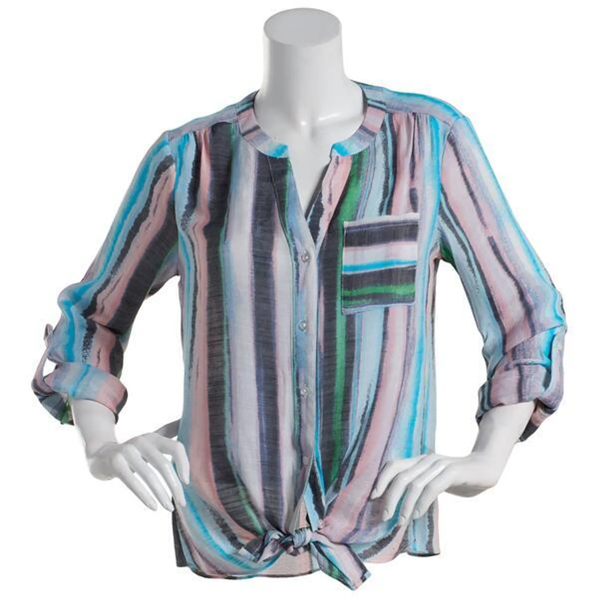 Womens Zac & Rachel 3/4 Roll Tab Sleeve Stripe Tie Front Blouse