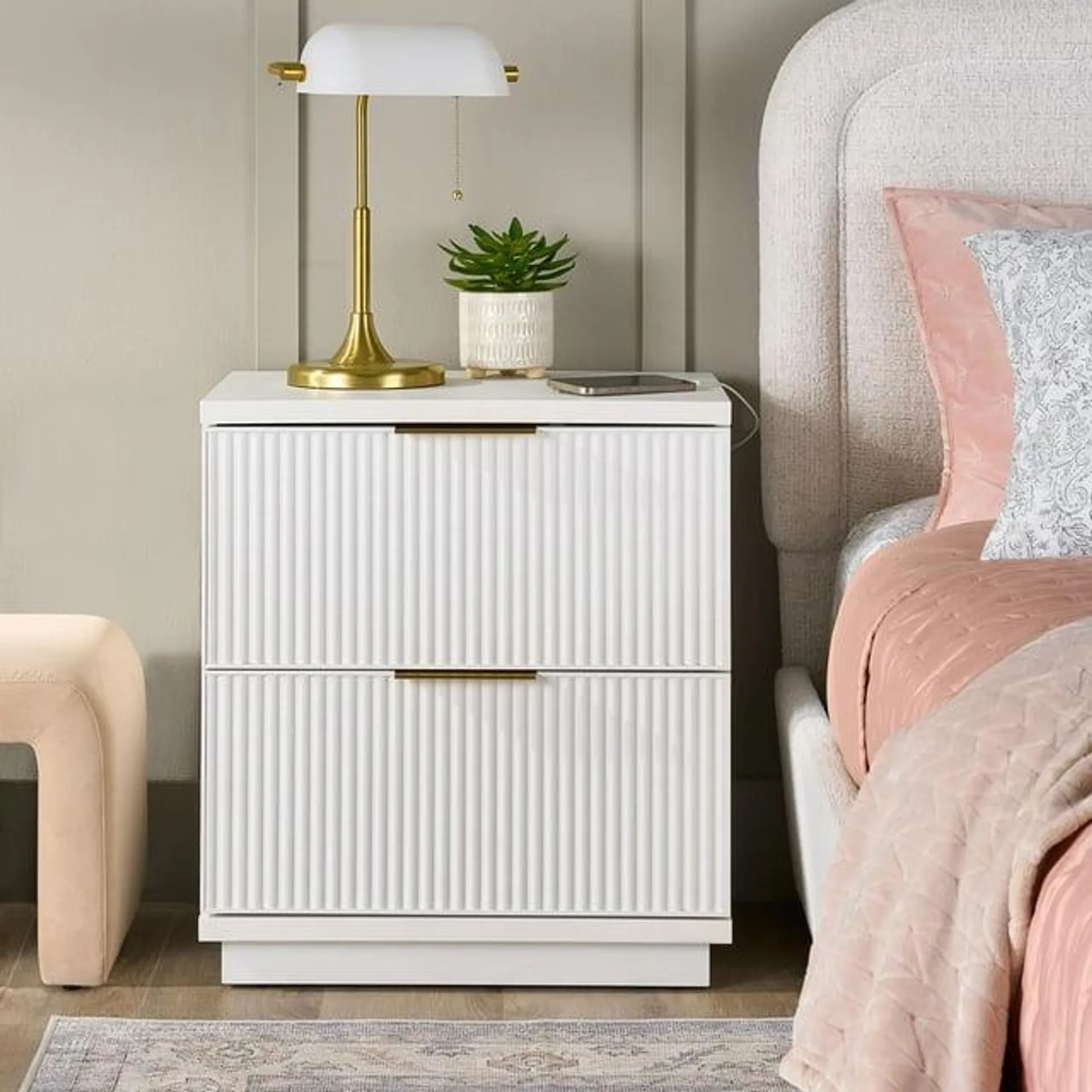 Better Homes & Gardens Lillian Fluted 2-Drawer Nightstand with USB for Bedroom, White Finish