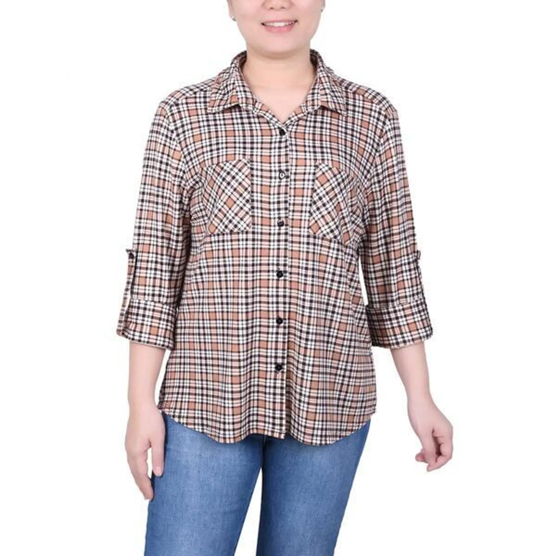 Womens NY Collection Plaid Double Pocket Casual Button Down