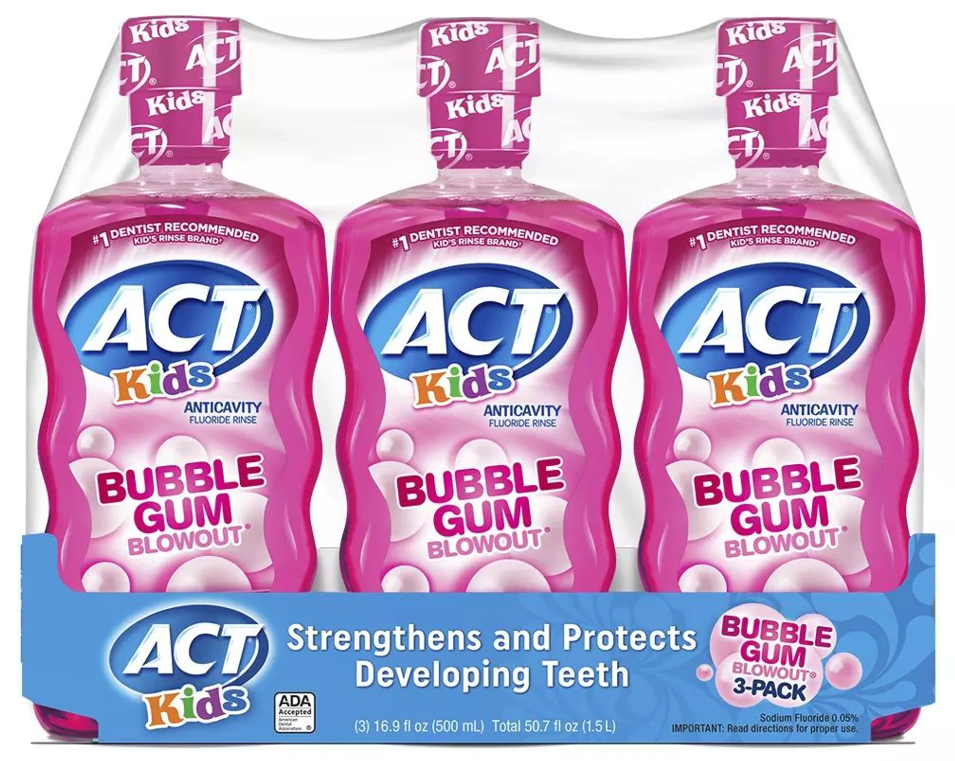 ACT Kids Bubblegum Blowout Anti-Cavity Rinse, 3 ct./16.9 oz.