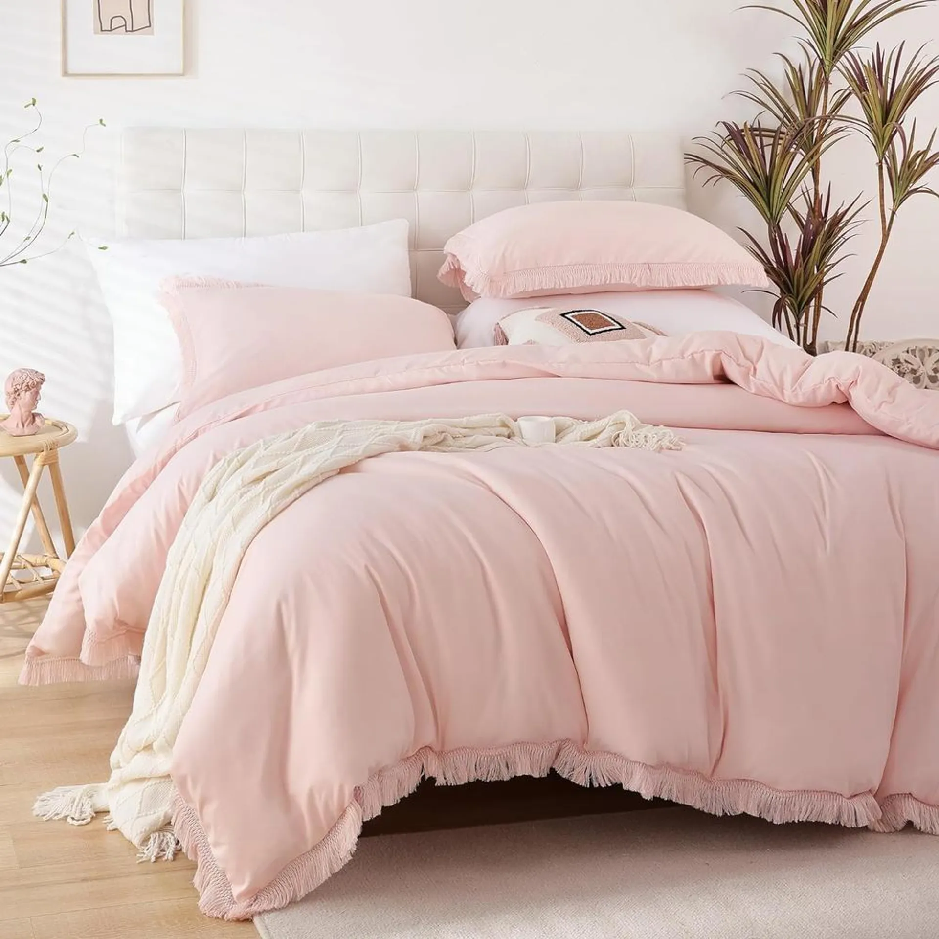 Great Choice Products Queen Comforter Set Blush Pink, 3 Pcs Boho Fringe Tufted Soft Microfiber Bedding Sets, Tassel Queen Size Comforter Sets For A…