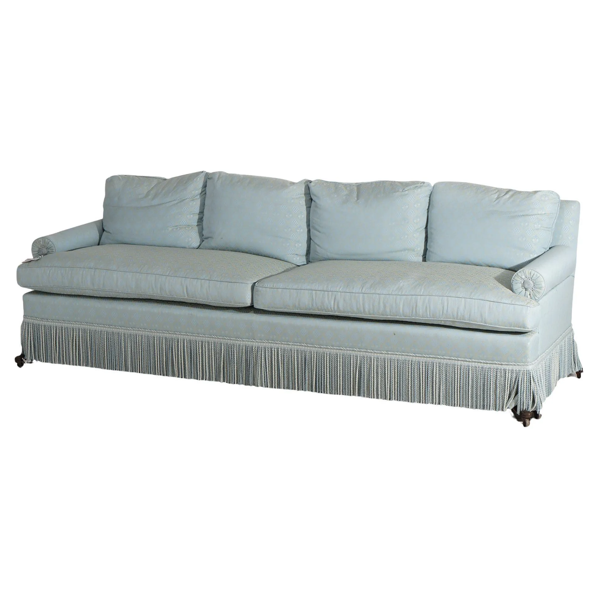 Hollywood Regency Upholstered Pillow Back Long Sofa with Fringe Skirt 20thC