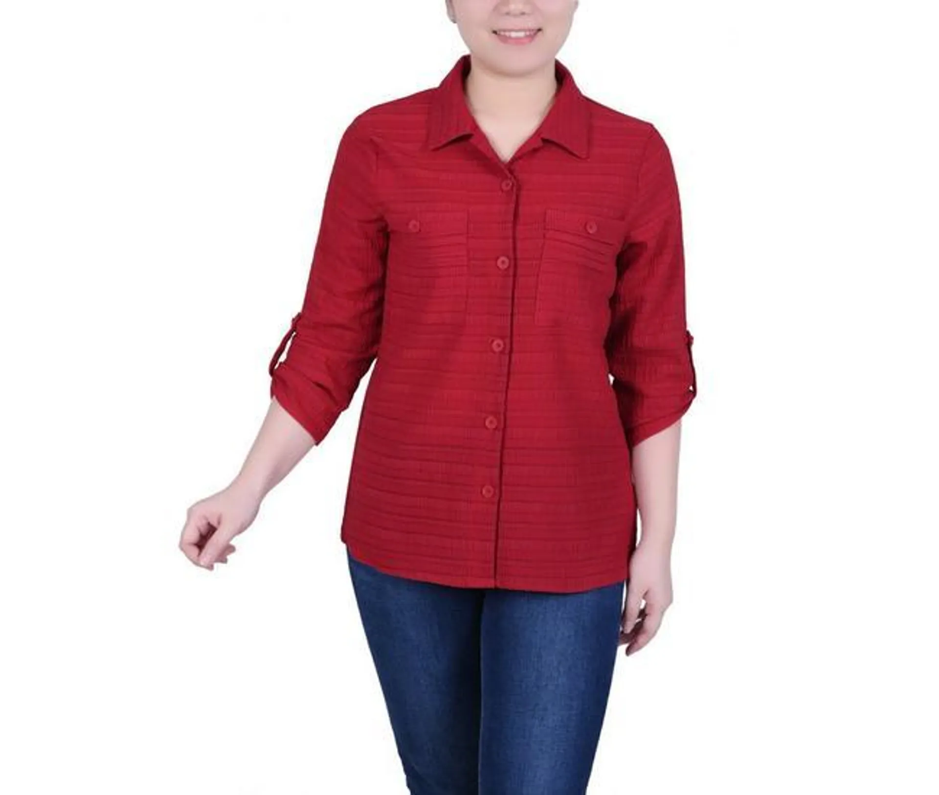 Womens Long Roll Tab Sleeve Jacquard Blouse