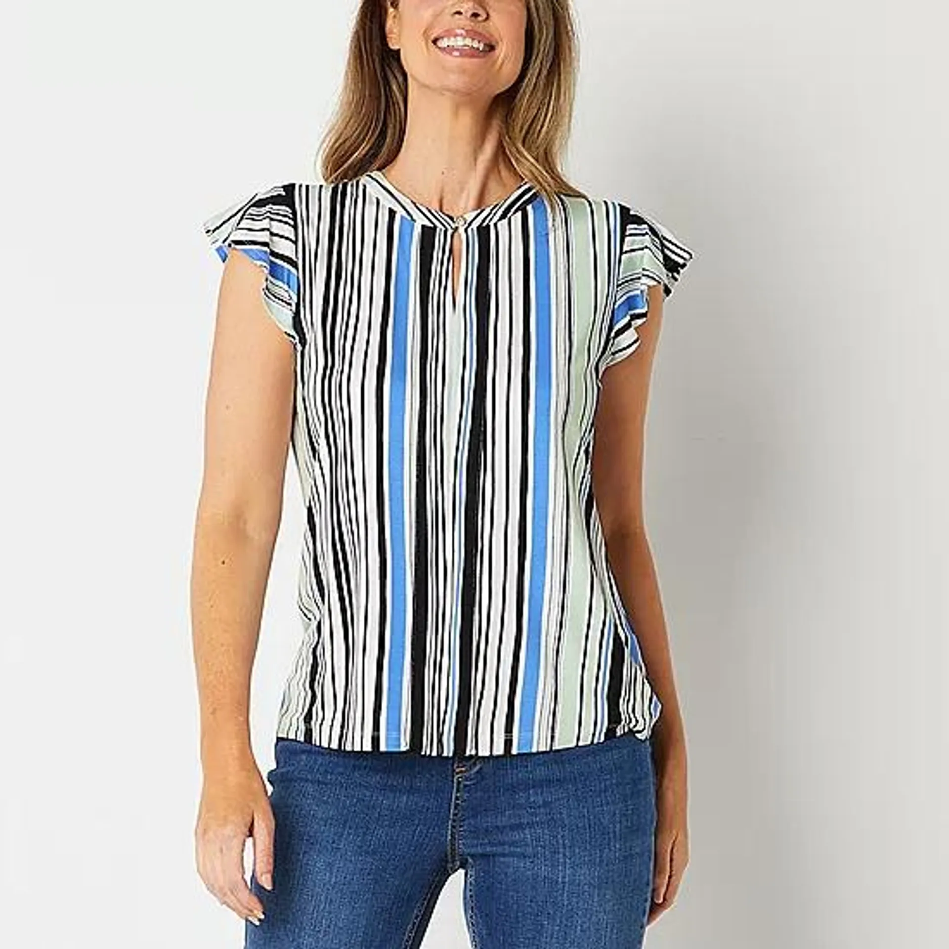 Liz Claiborne Womens Keyhole Neck Short Sleeve Blouse