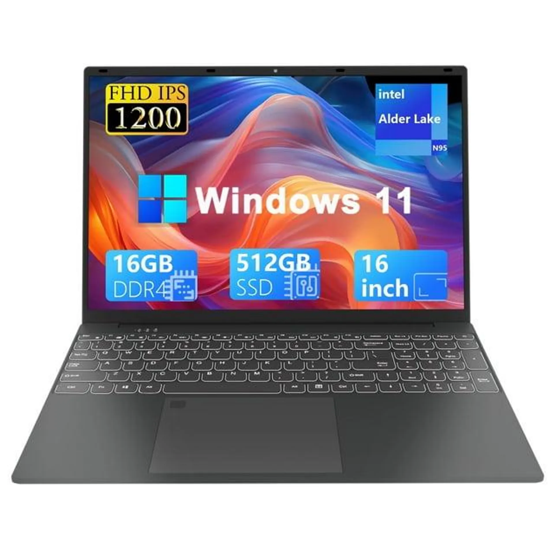 SANPTENT 16 inch Windows 11 Pro Laptop 16GB RAM 512GB SSD with 4 Core Intel Alder Lake N95, 1920x1200 FHD IPS Screen, FingerPrint, Backlit Keyboard, Ultra Thin and Light