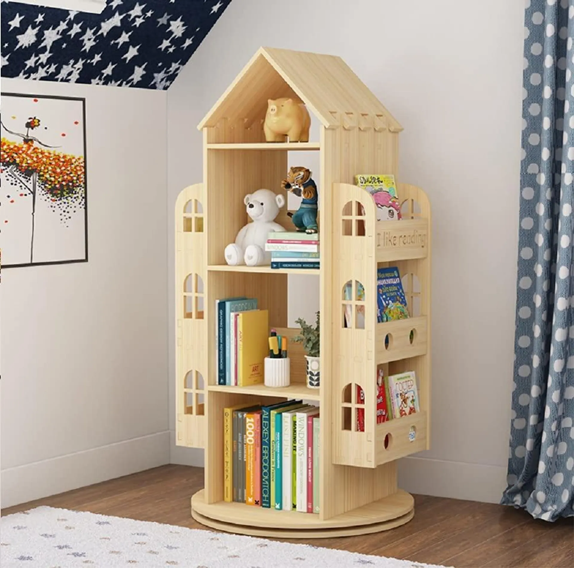 Heehee Rotating Bookshelf 360 Display Floor Standing Bookcase Storage Rack Children's Bookshelf, Wood Book Shelf Organizer Stand