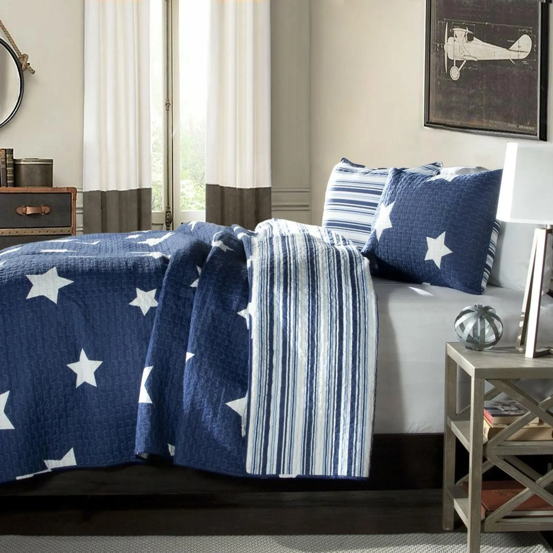 FastFurnishings Full / Queen Navy Stars And Stripes At Night Quilt Coverlet Bedspread Set