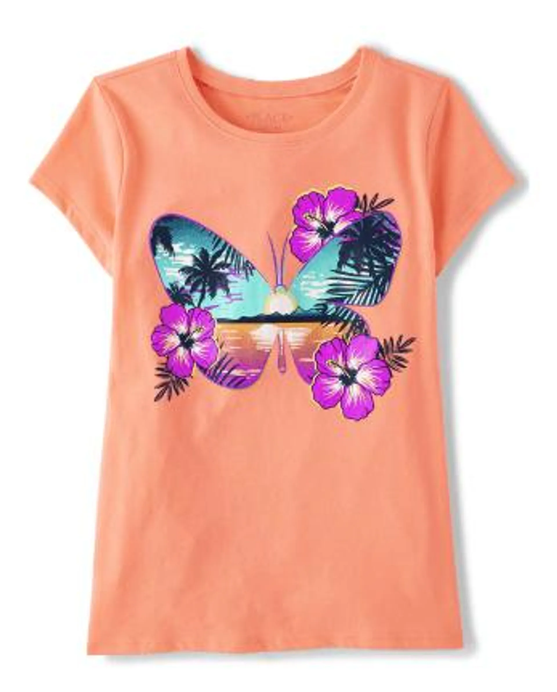 Girls Tropical Buttefly Graphic Tee - summer dawn