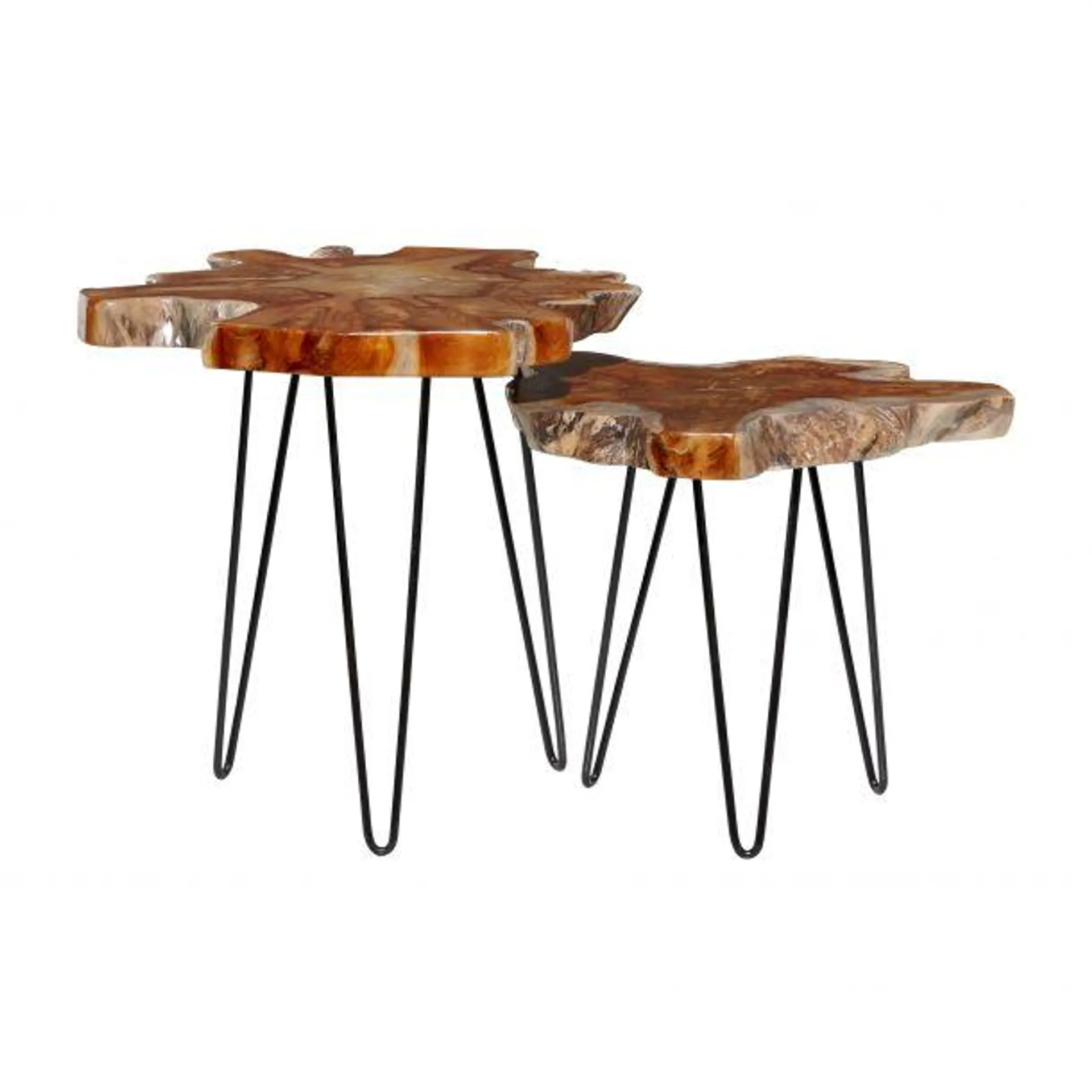 Contemporary Teak Wood End Accent Table with Black Metal Hairpin Legs (Set of 2) by Marisol + Daisy - Brown