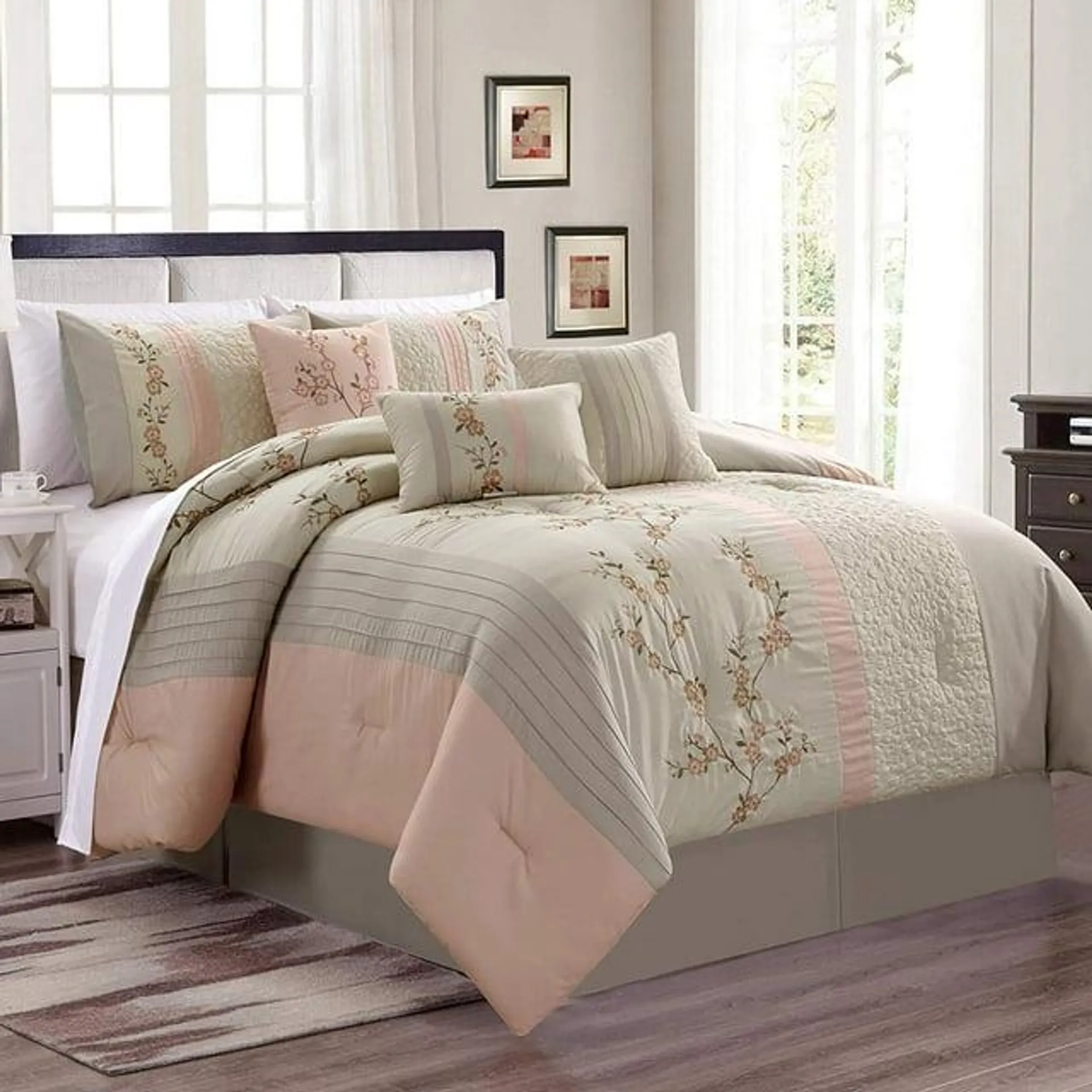 Chezmoi Collection Linnea 7-Piece Luxury Blush Cherry Blossom Floral Embroidery Bedding Comforter Set, Queen