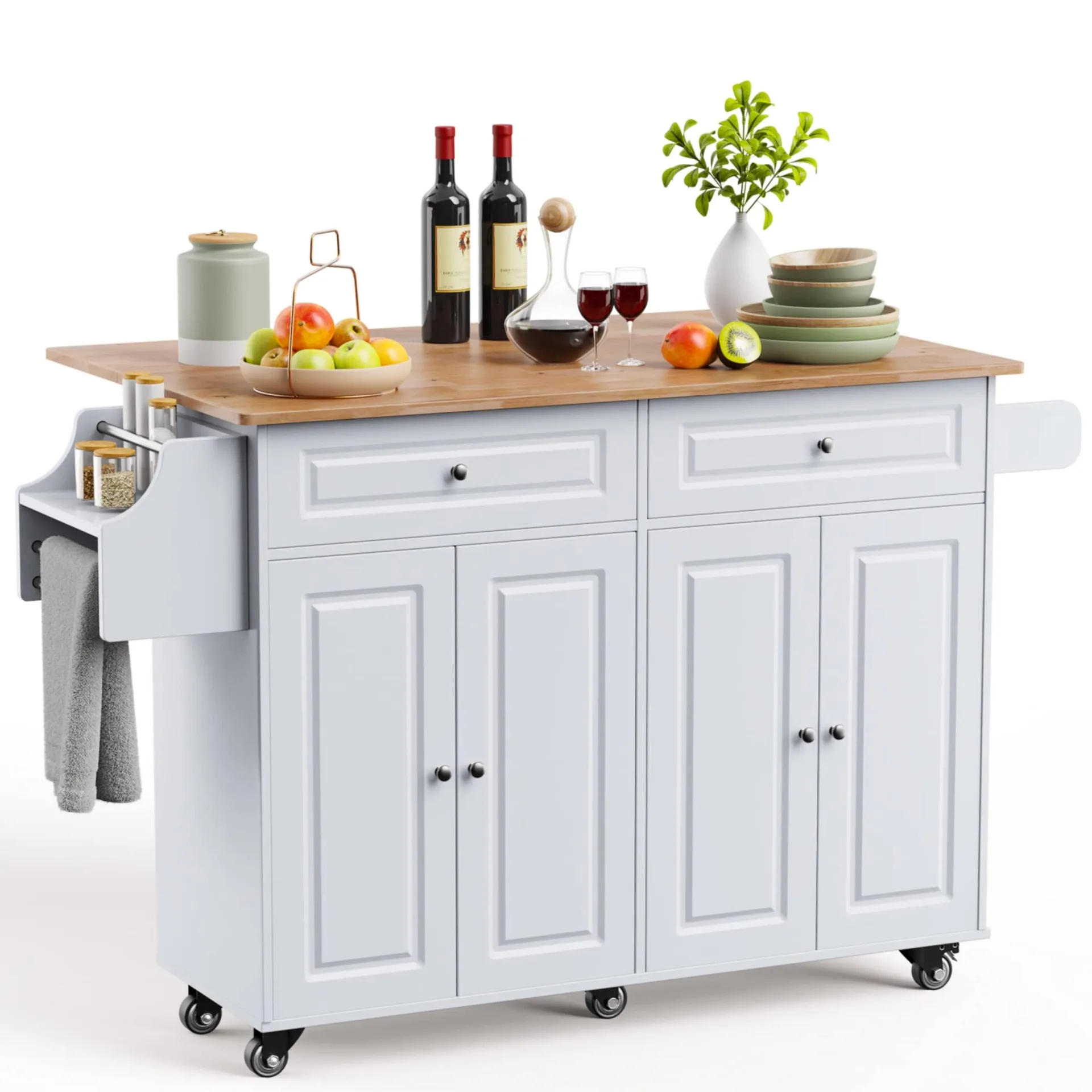 Qsun Kitchen Island on Wheels Kitchen Cart with Rubber Wood Top, Mobile Kitchen Island with Double Storage Cabinet and Drawers,