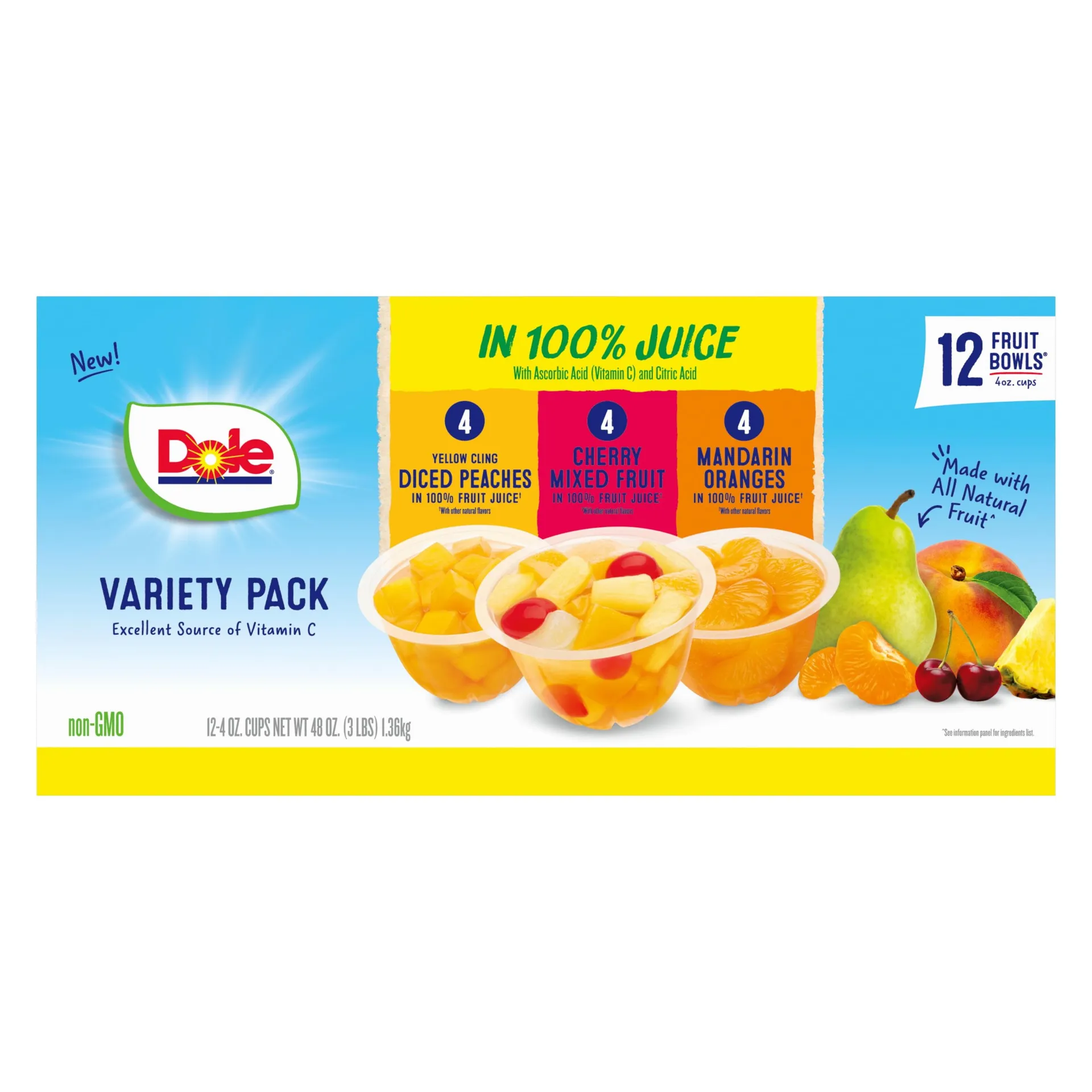 (12 Cups) Dole Fruit Bowls in 100% Fruit Juice: Peaches, Mandarin Oranges, Cherry Mixed Fruit, 4 oz