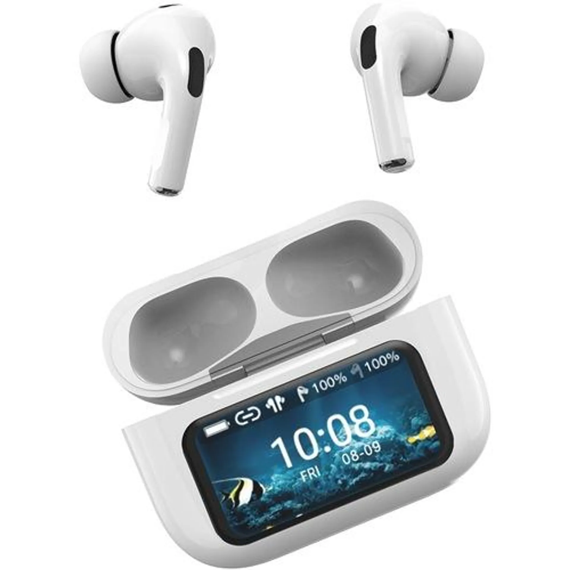 ANC + ENC White Earbuds with Touchscreen Display Charging Case