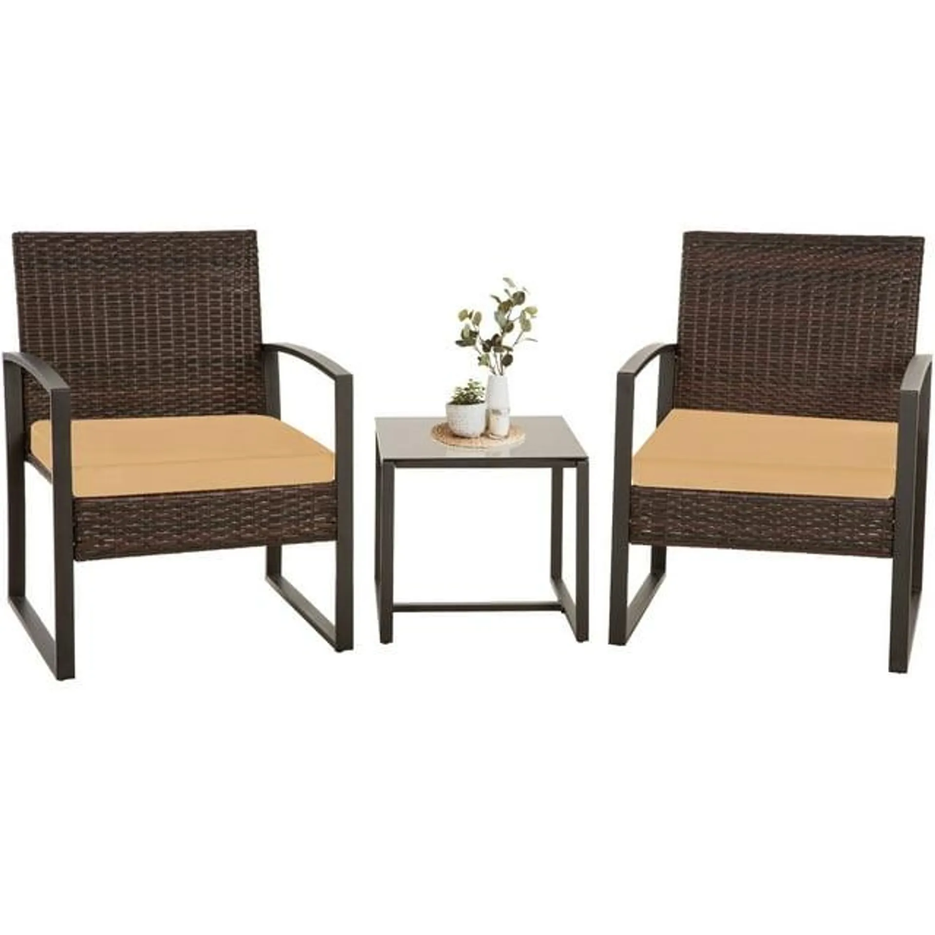 Ainfox 3 Piece Patio Bistro Set, Outdoor Furniture Set Wicker Rattan Chairs and Coffee Table Conversation Set,Brown