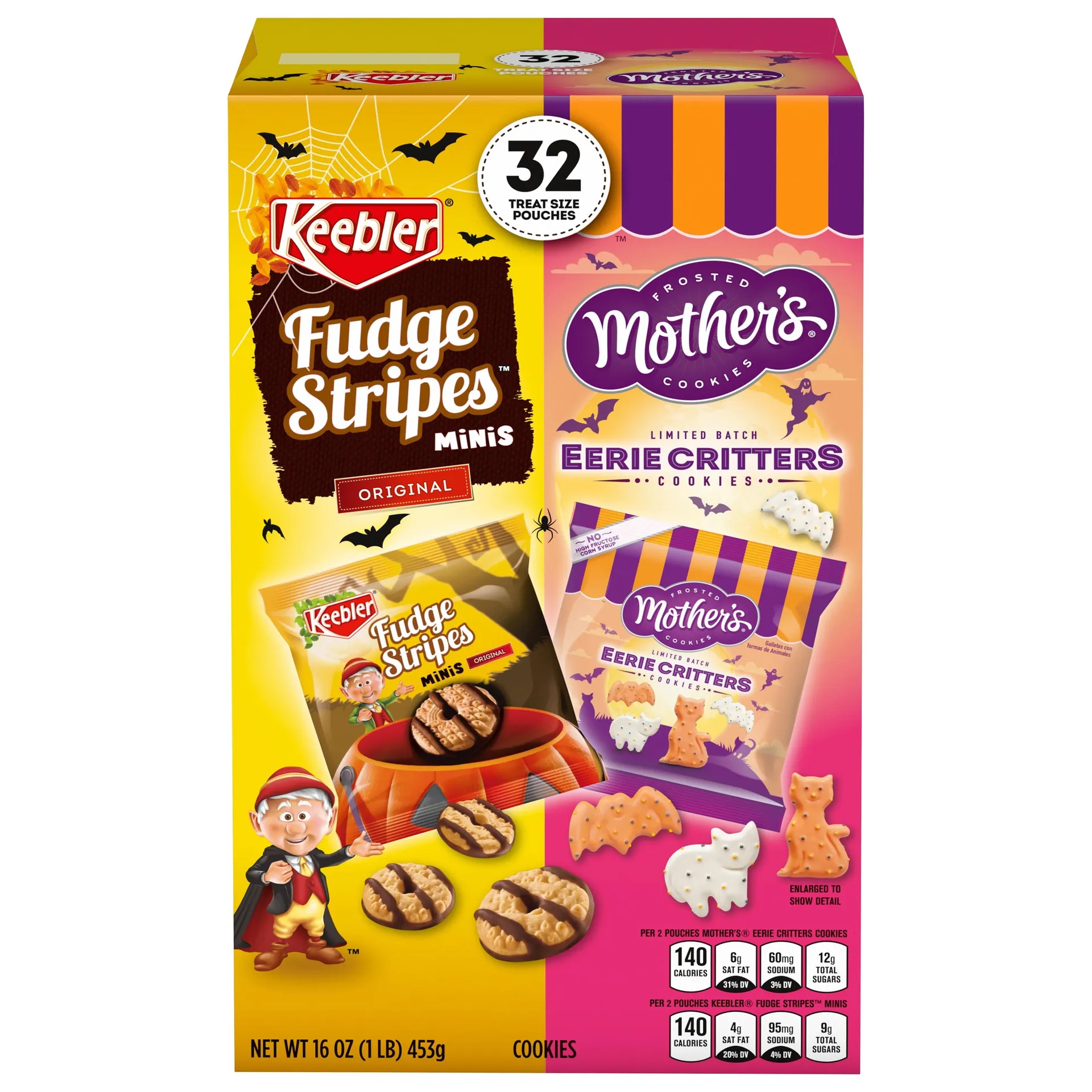 Keebler Fudge Stripe Mini Bites and Mother's Cookies Halloween Variety Pack, Shelf Stable Pouches, 32 Count