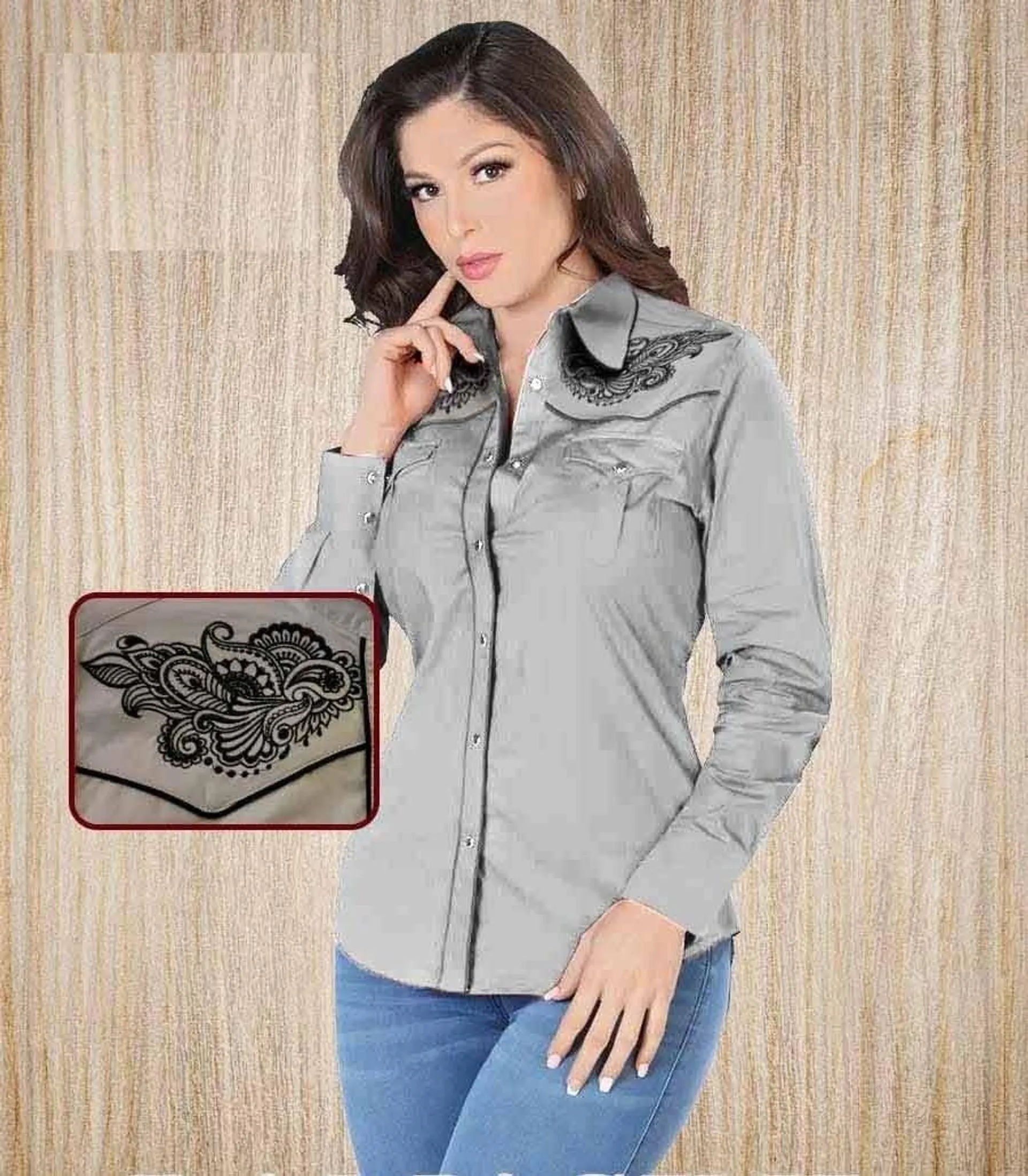 Camisa Vaquera Bordada para Mujer Color Gris LAM-2316GRIS