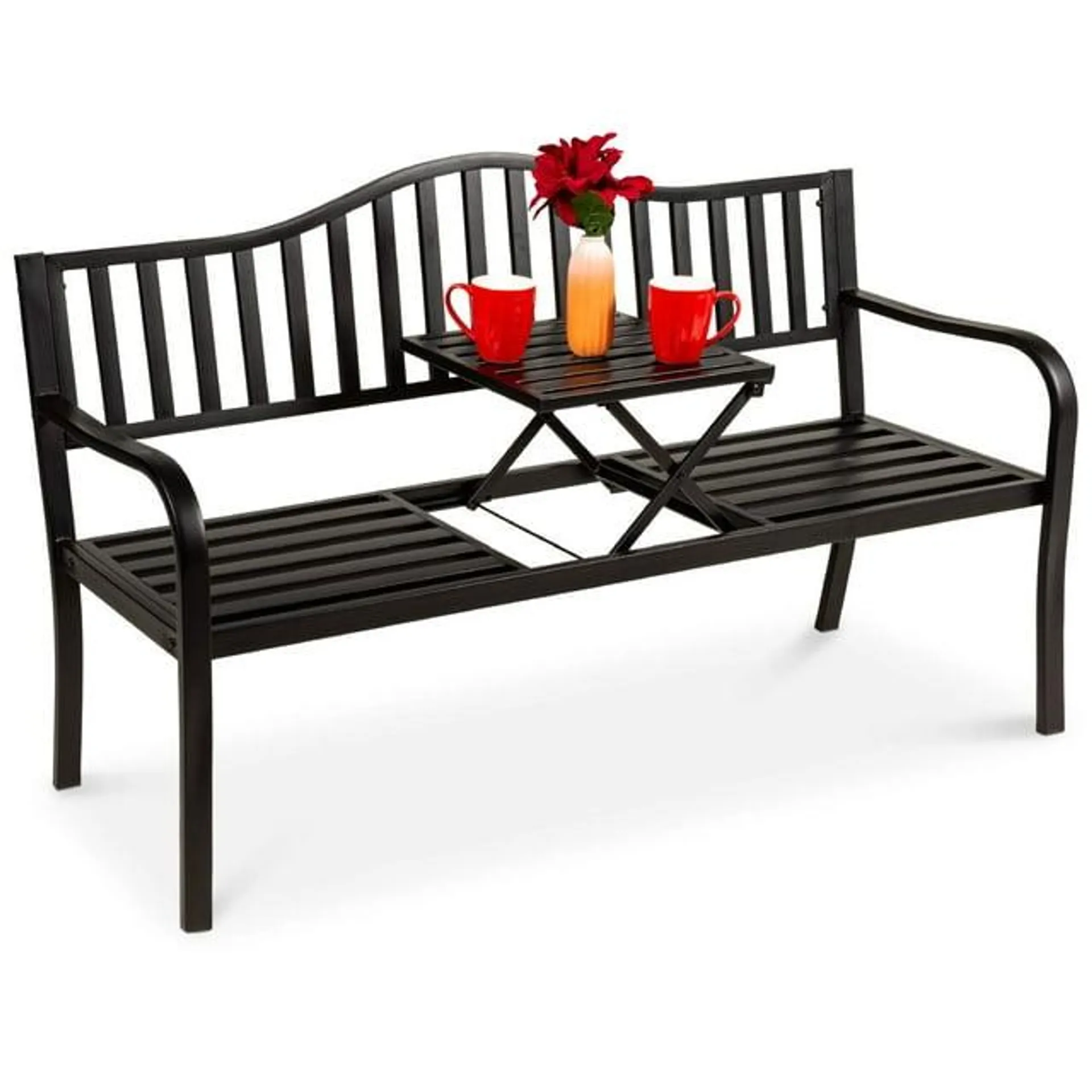 Naipo Outdoor Metal Garden Bench 59" Patio Bench with Built in Table Park Bench, Outside Bench Weather Proof Front Porch Bench, 500lbs