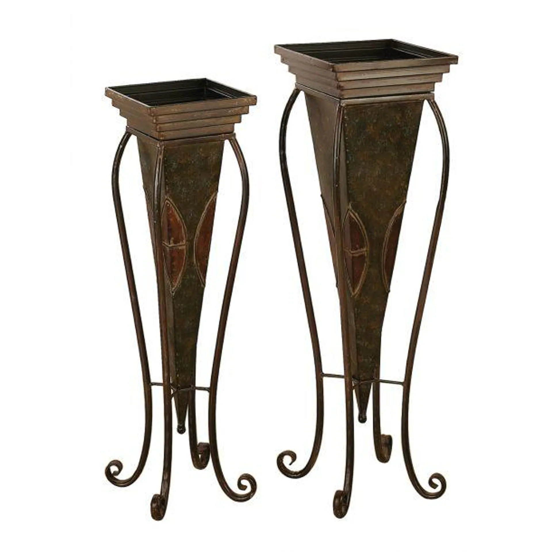 Marisol + Daisy Rustic Metal Planter with Scroll Stand (set of 2) - Brown