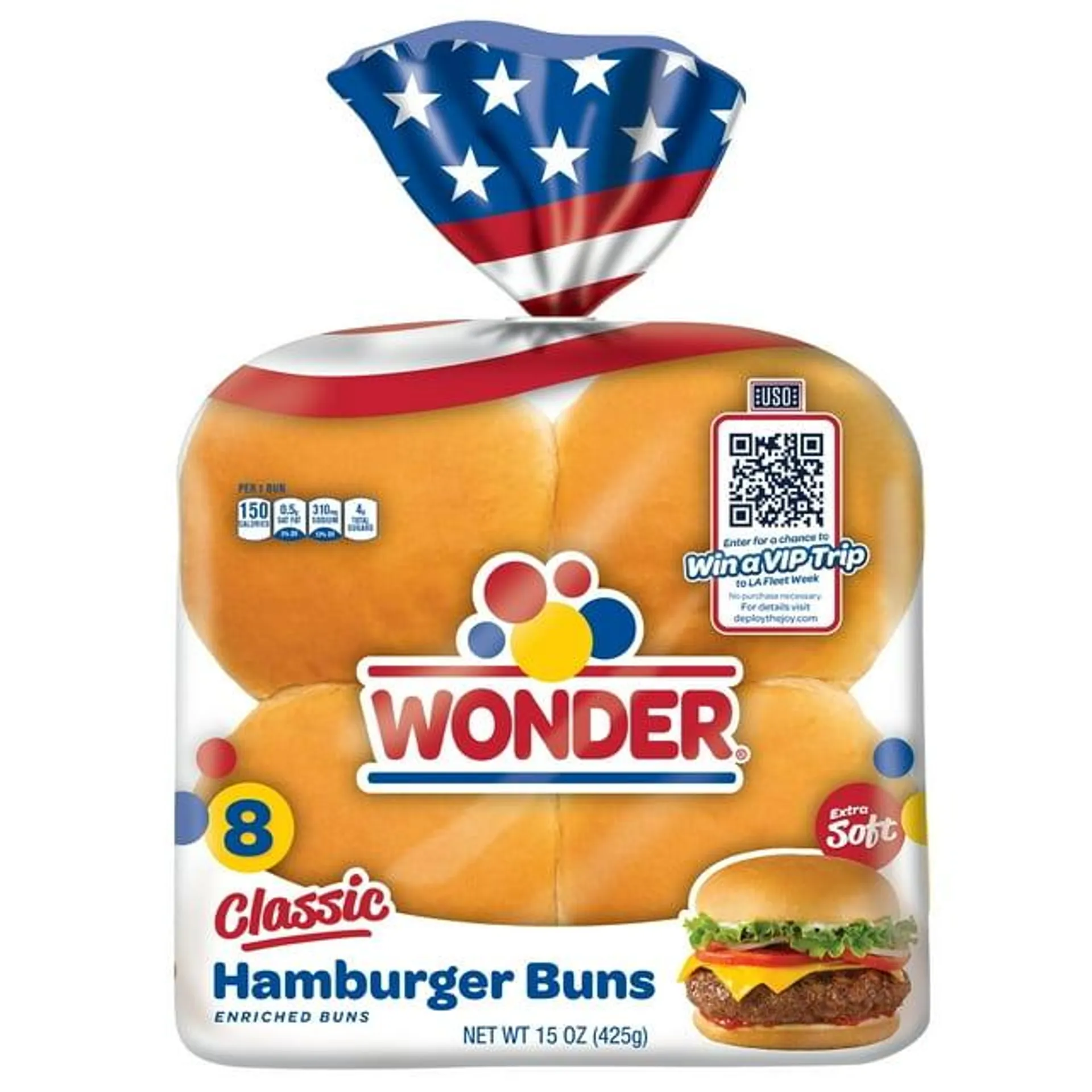 Wonder Bread Classic Extra Soft White Bread Hamburger Buns, 15 oz, 8 Ct