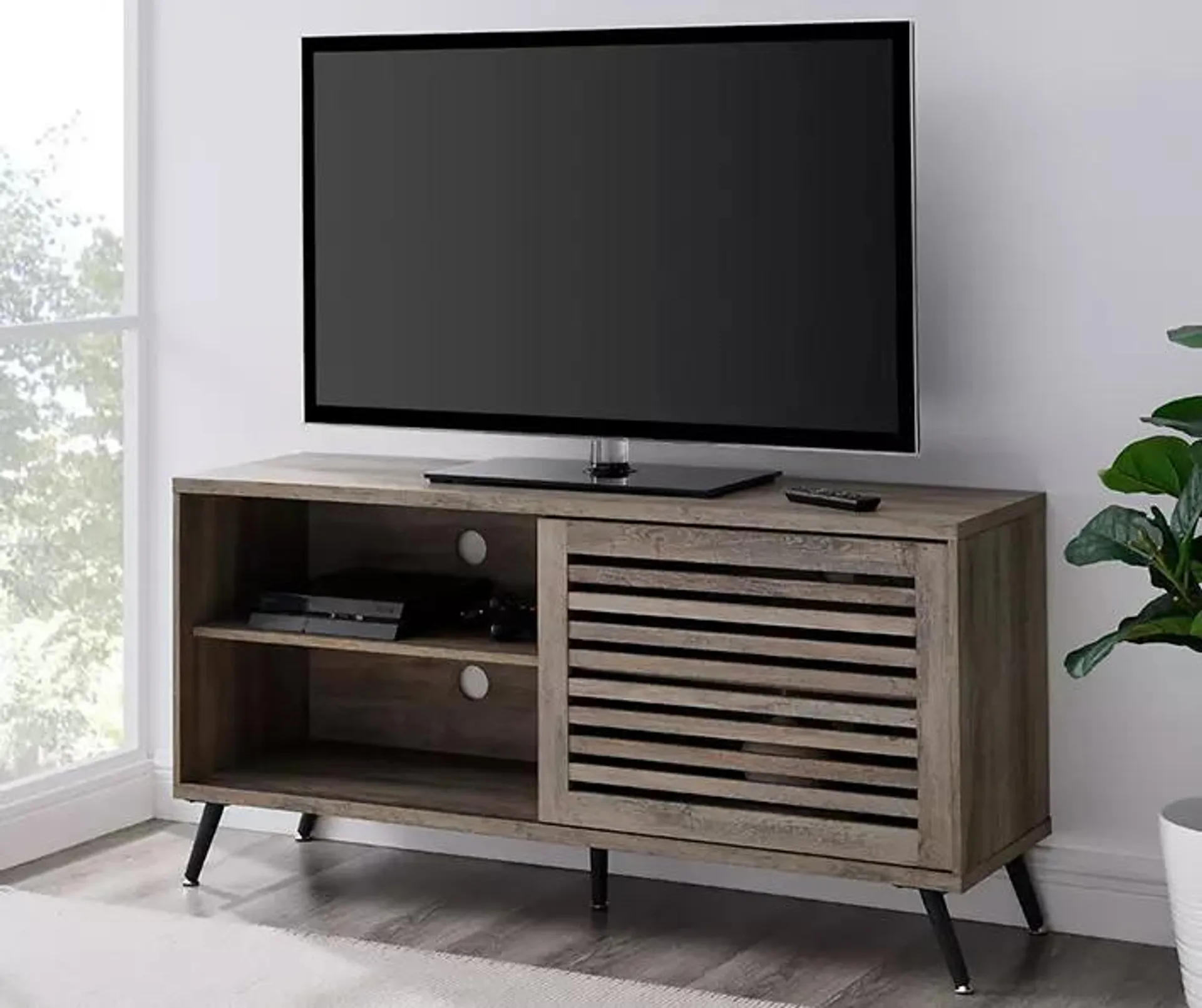 52" Gray Wash Slat Sliding Door TV Stand