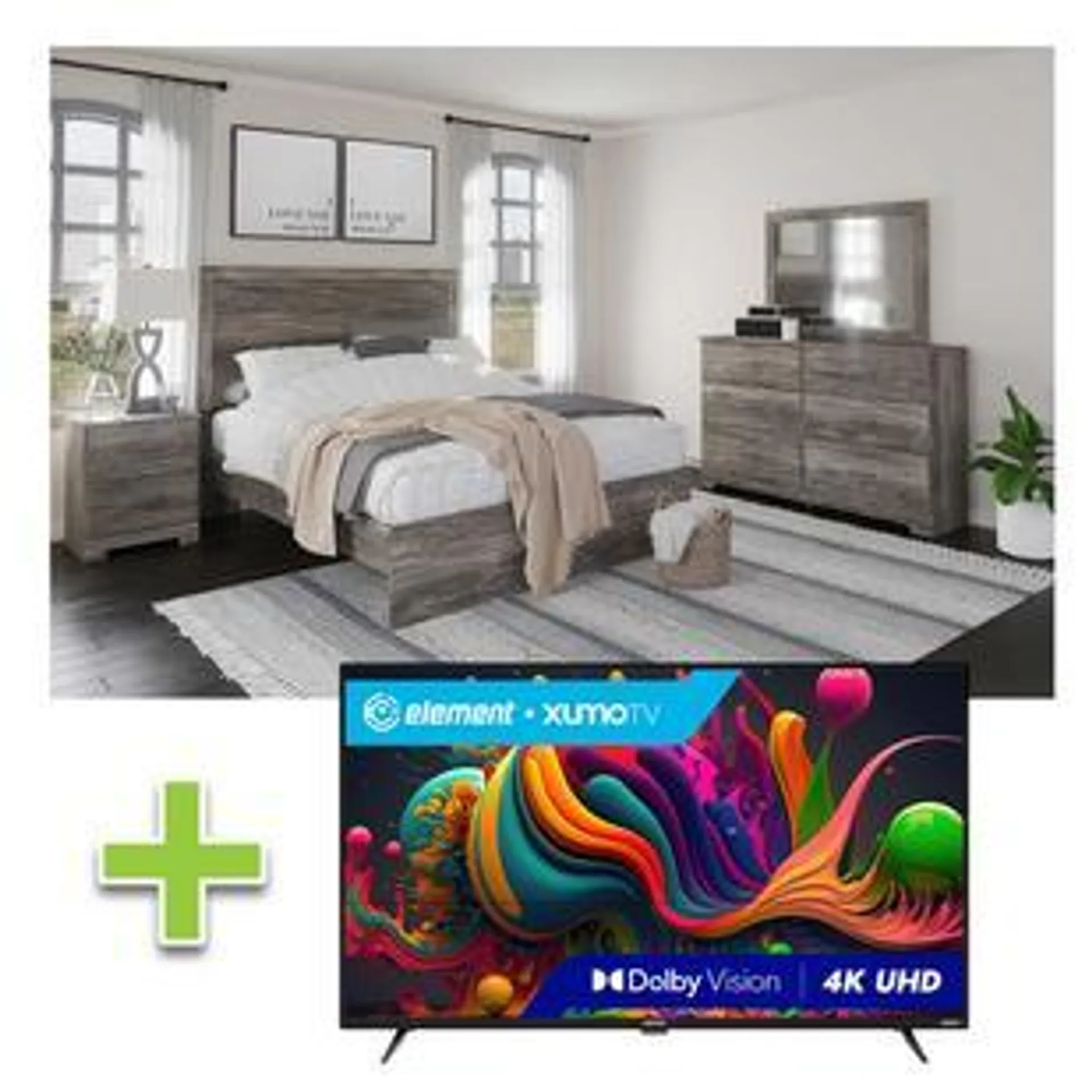 Juego de dormitorio tamaño queen Ralinski de 6 piezas con televisor inteligente Element 4K UHD de 50" con Xumo TV