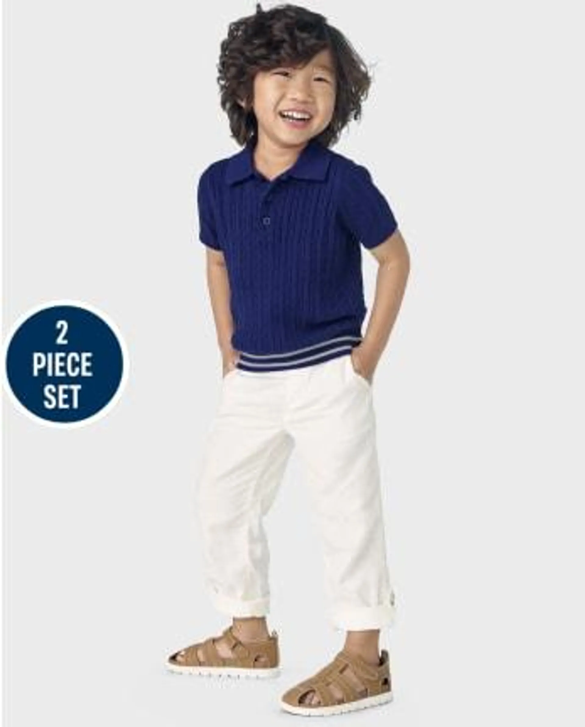 Boys Cable Knit Polo And Roll Cuff Pull On Pants 2-Piece Outfit Set - Bon Voyage - multi clr