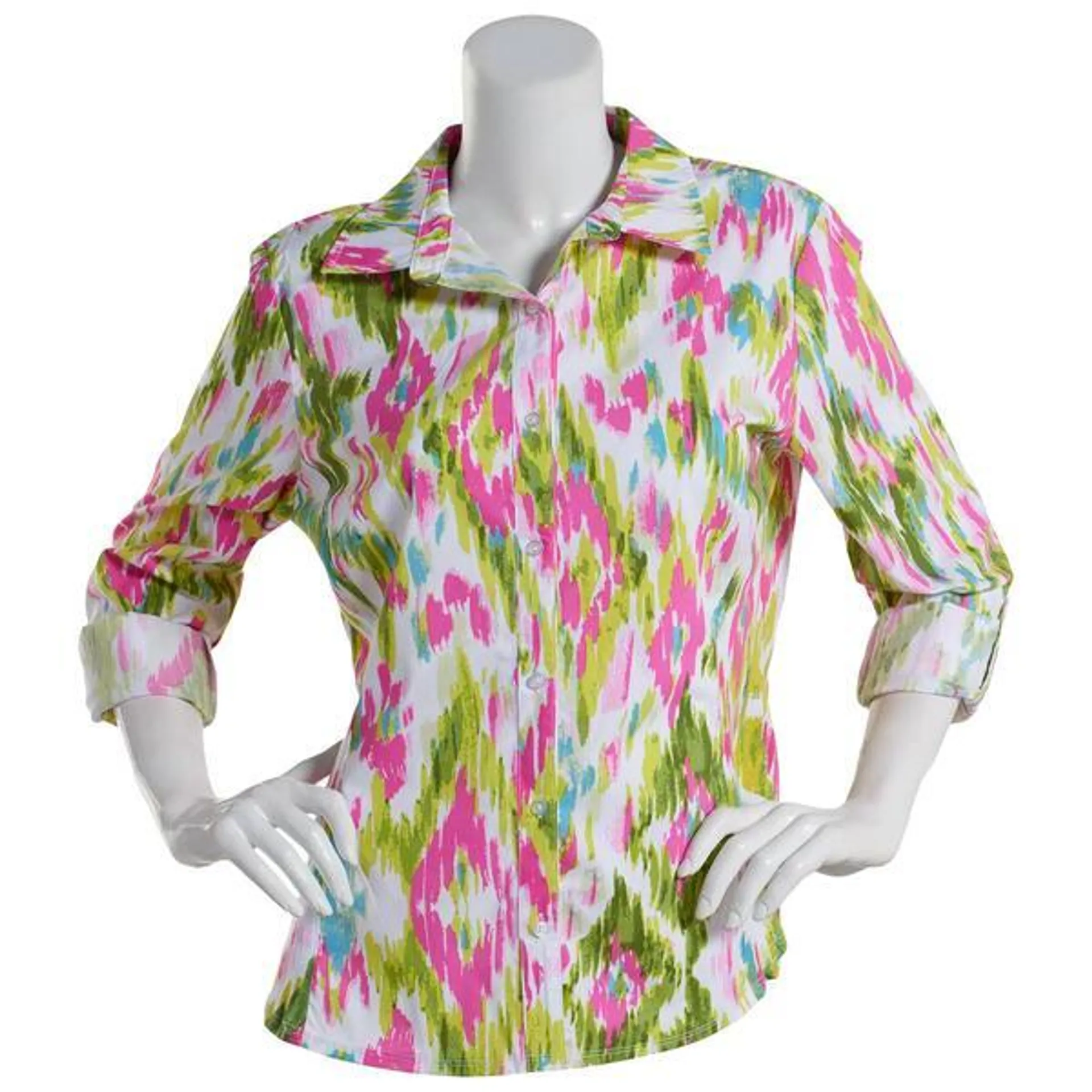 Womens Zac & Rachel 3/4 Sleeve Abstract Casual Button Down Blouse