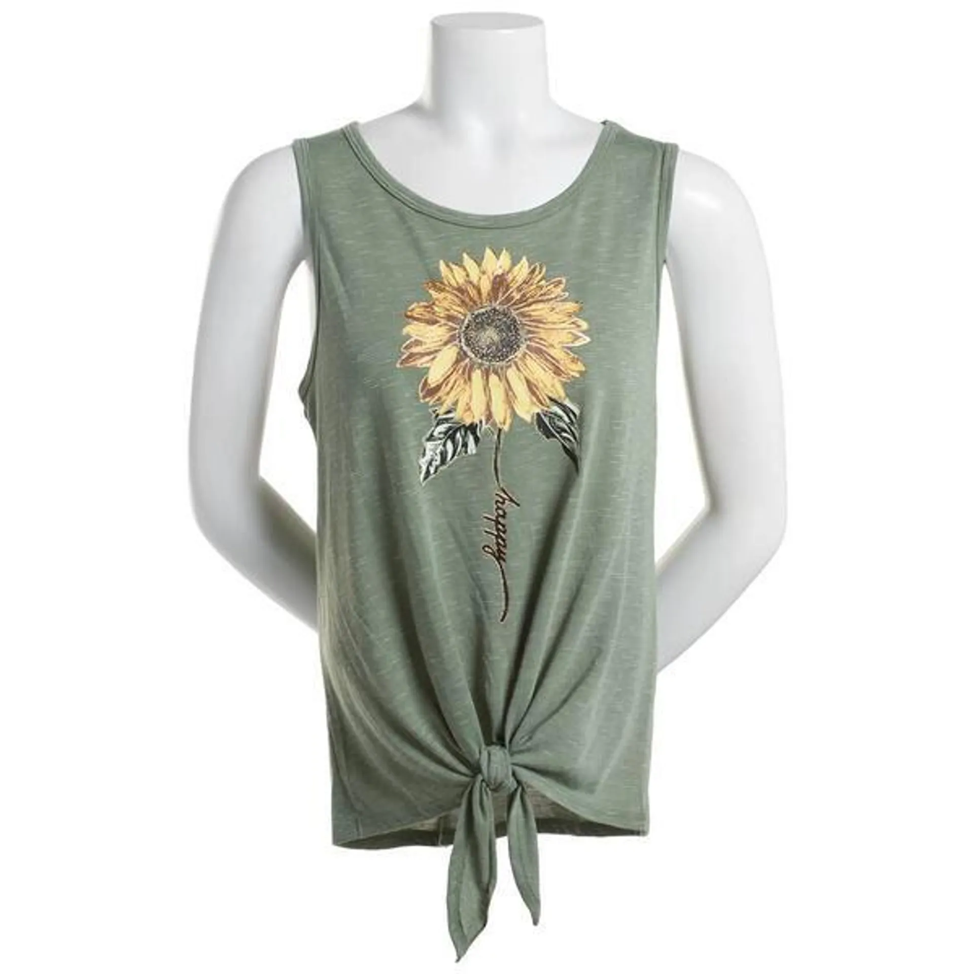 Womens Tru Self Tie Front Sunflower Graphic Tank Top