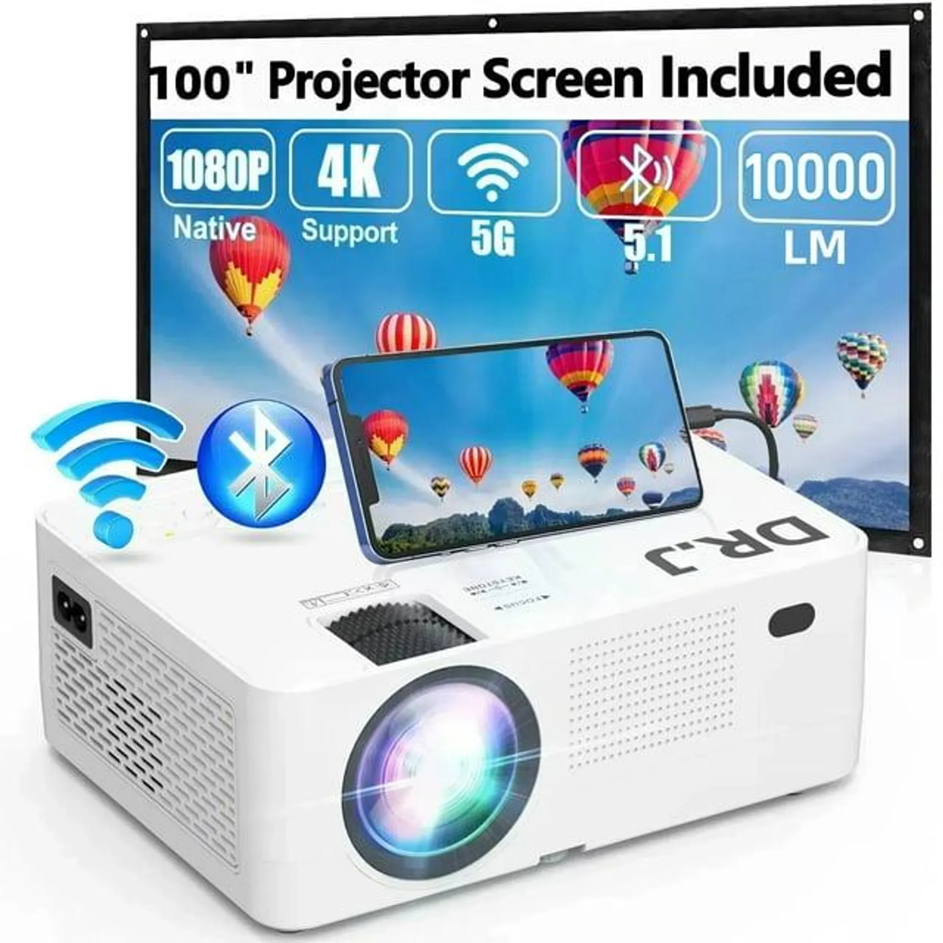 DR.J Professional Projector Native 1080P 5G WiFi 250" Display Projector with Bluetooth 5.2, 10000L Full HD, 4K Outdoor Movie, Screen Included