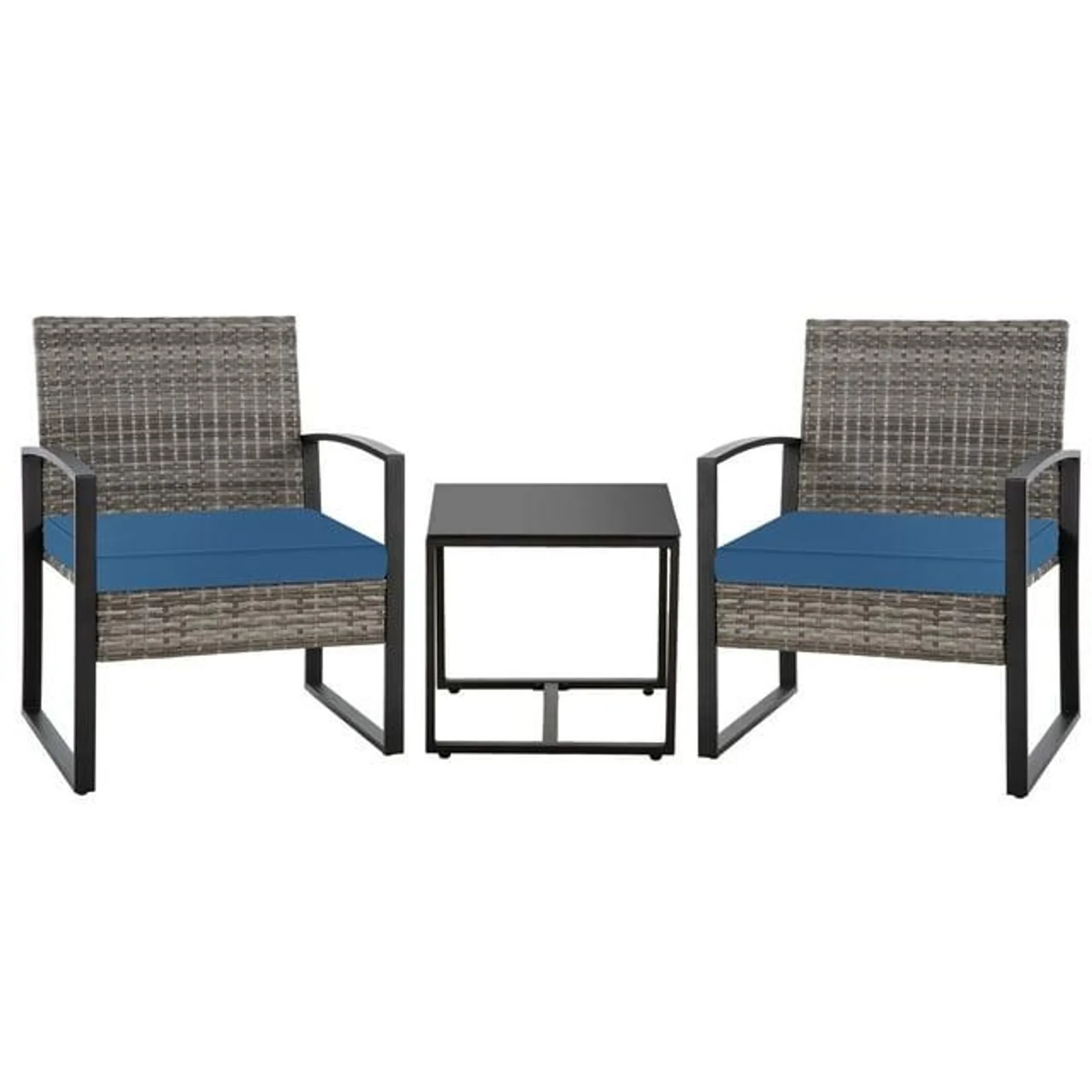 Ainfox 3 Piece Patio Bistro Set, Outdoor Furniture Set Wicker Rattan Chairs and Coffee Table Conversation Set,Blue