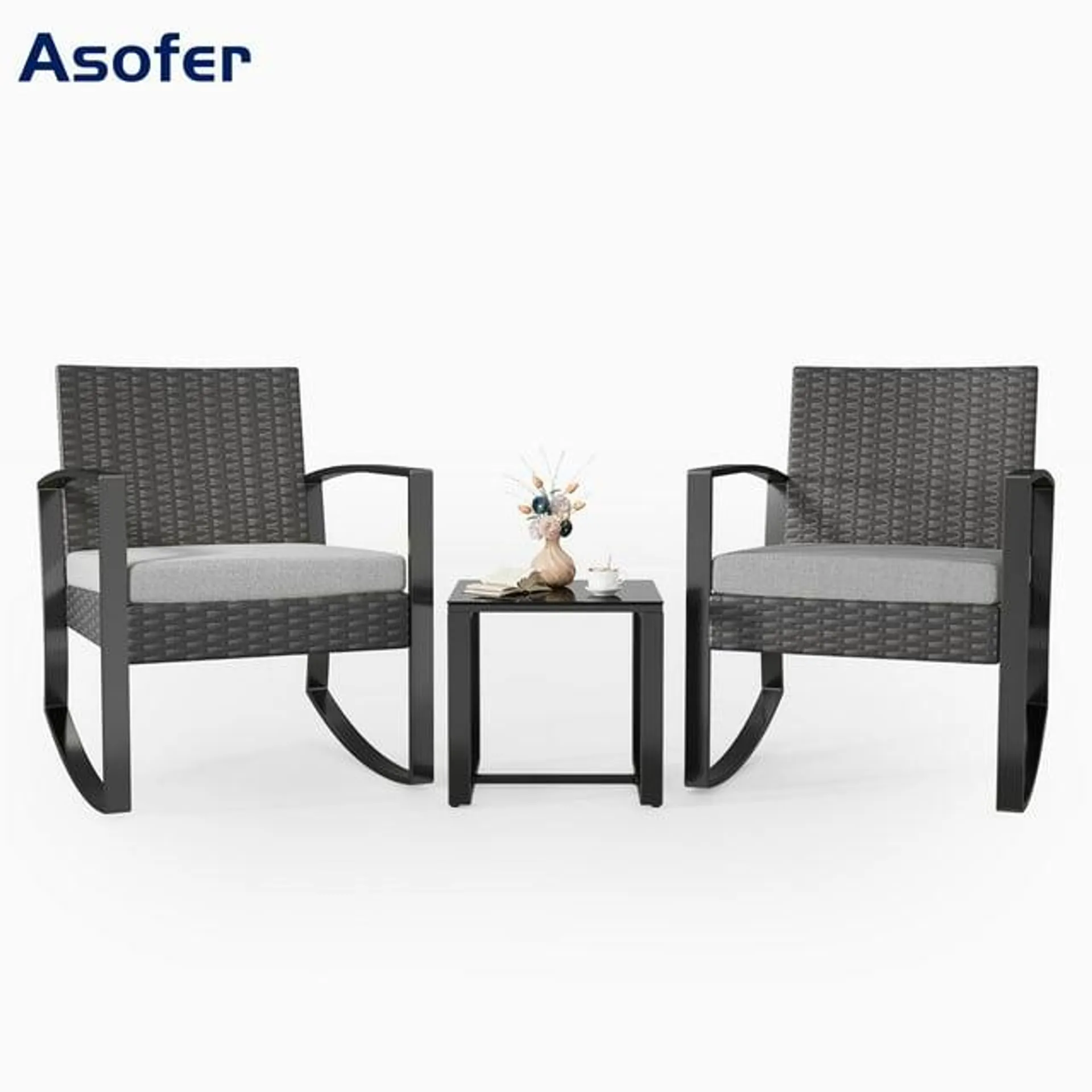 Asofer 3-Piece Patio Furniture Set, Rocking Wicker Chair with Soft Cushion and Coffee Table, for Garden, Balcony, Backyard, Gray