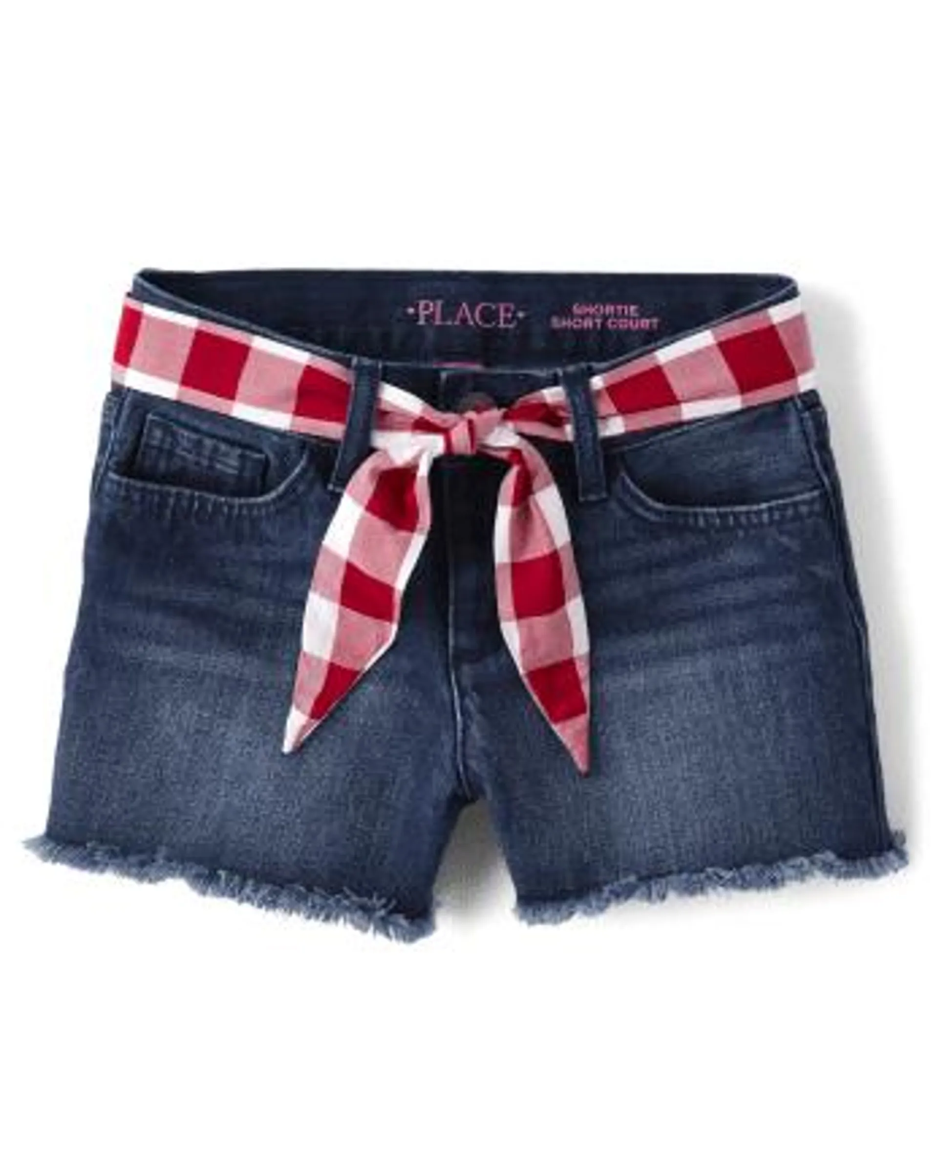 Girls Gingham Belted Denim Shortie Shorts - brooke wash