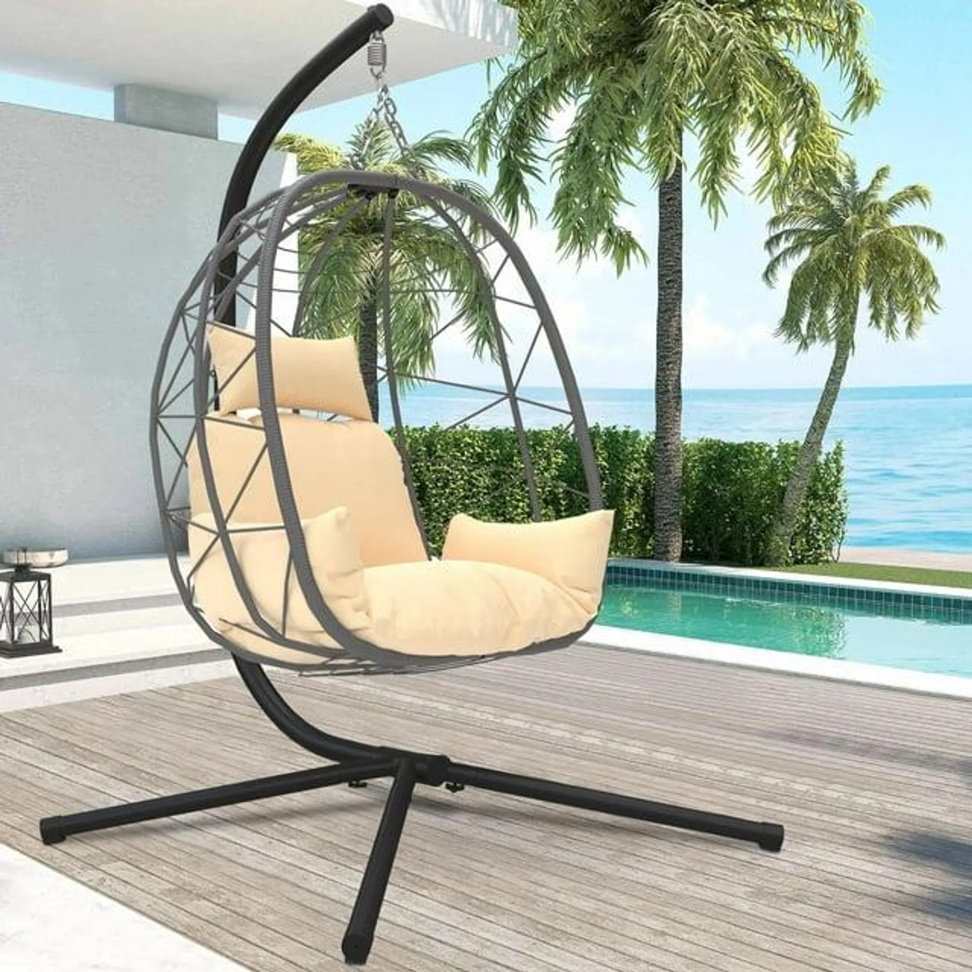 Outdoor Egg Chair, Patio Wicker Swing Egg Chair with Stand, Steel Frame, Soft Cushion and Pillow for Home Bedroom Patio Balcony, 350-Pound Weight Capacity, Black