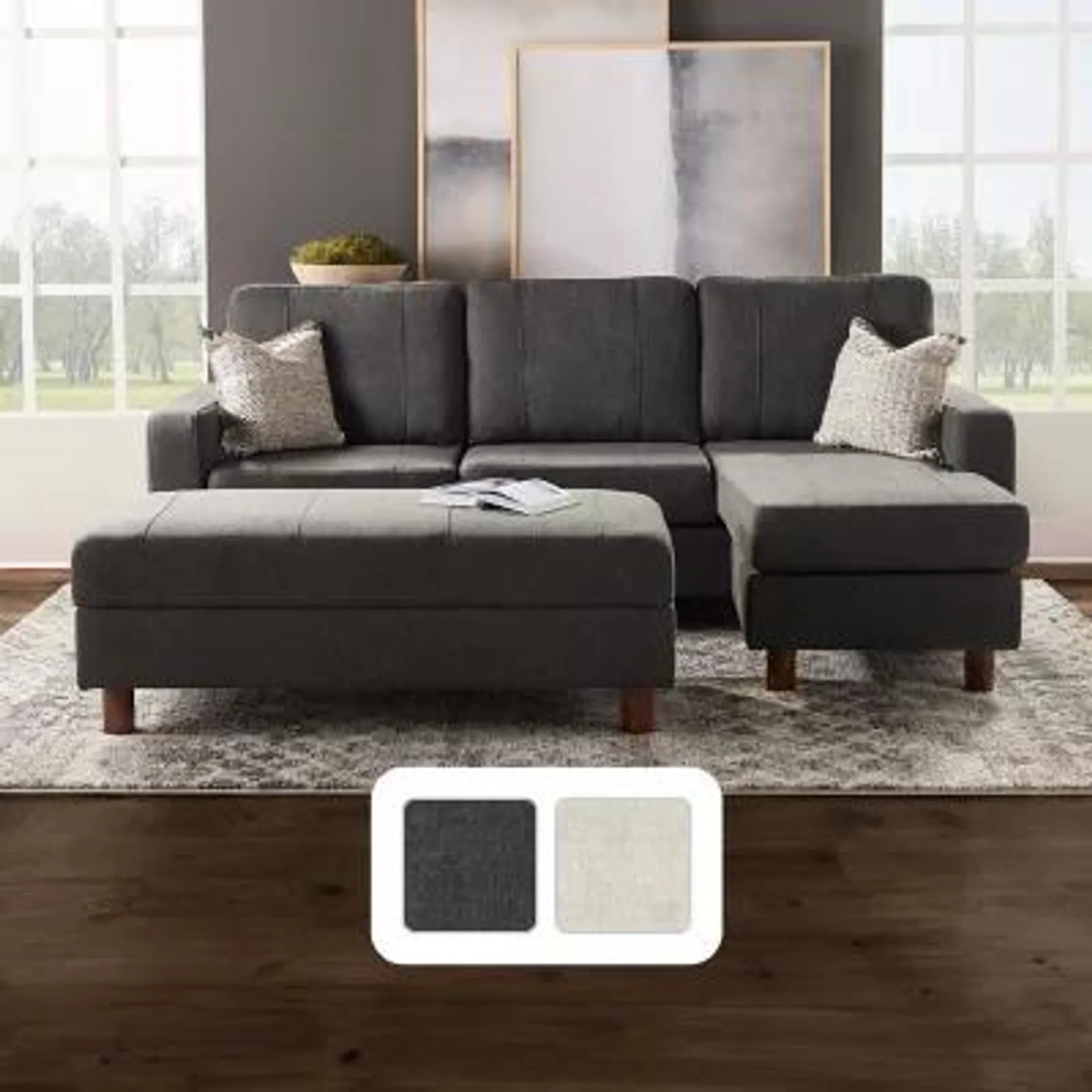 Kristen Fabric Reversible Sectional with Storage Ottoman, Assorted Colors