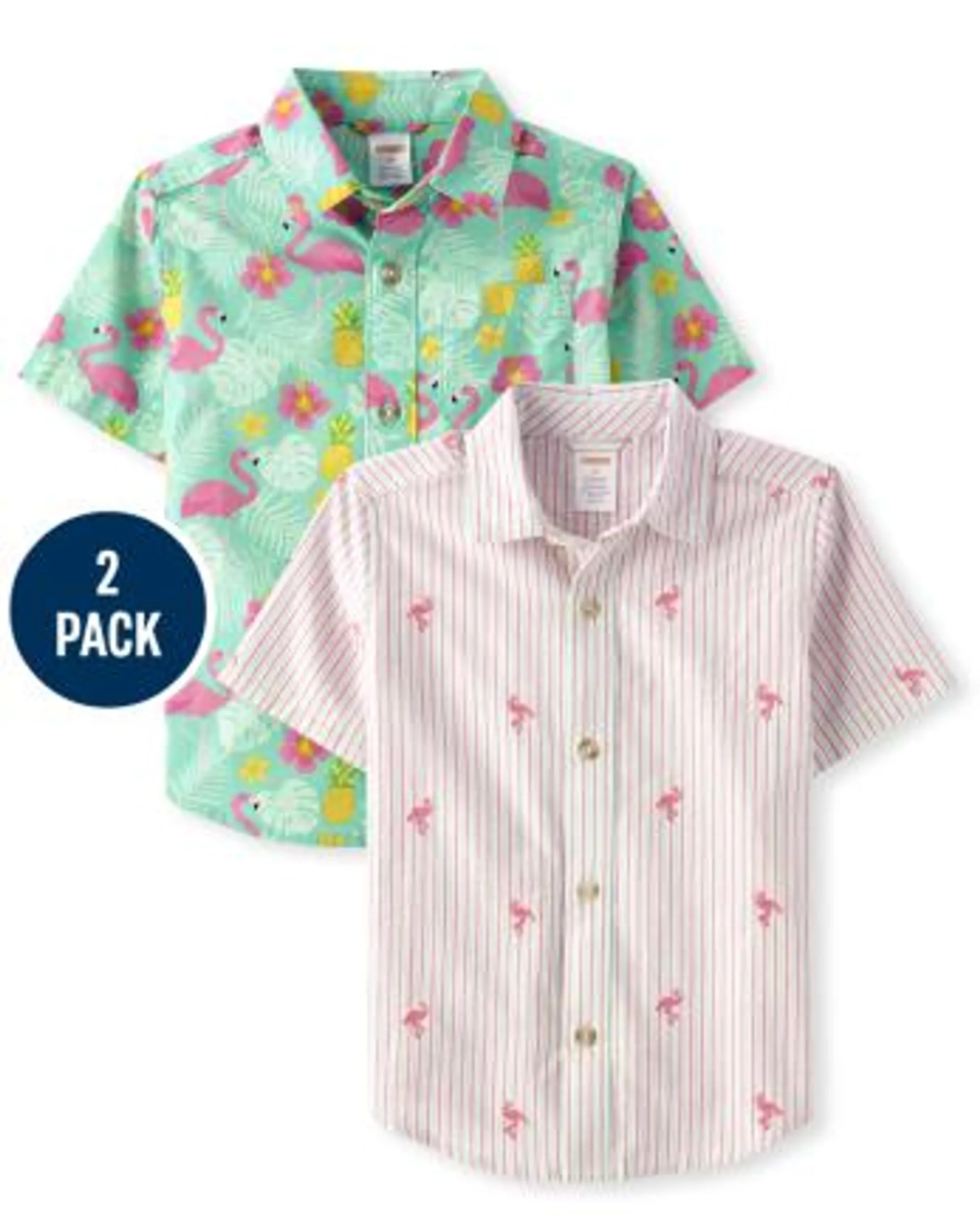 Boys Flamingo Button Up Shirt 2-Pack - Seaside Palms - tropical trail