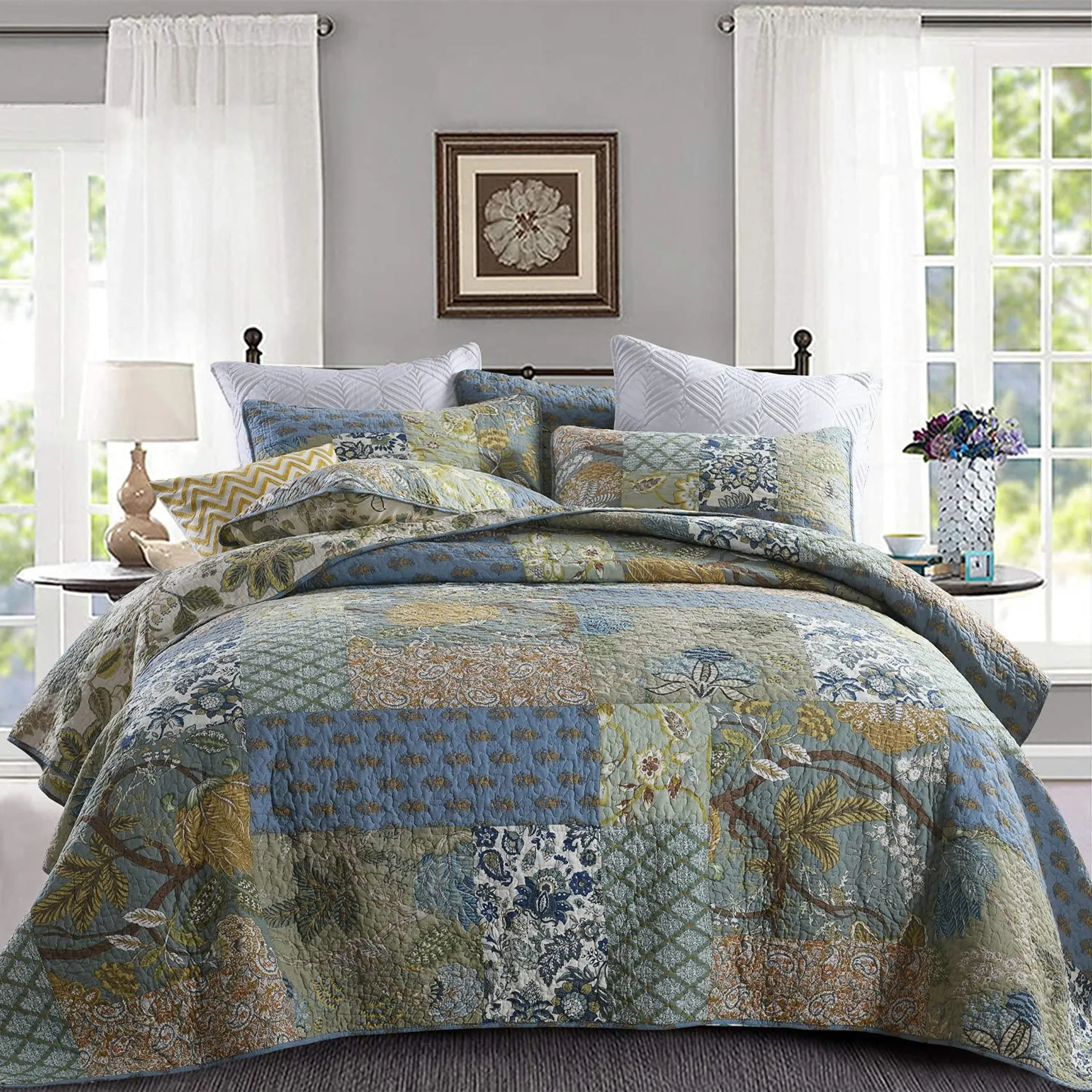 TKM Home Quilt Set King Bedspread Reversible Green Farmhouse Garden Coverlet Real Patchwork Quilt Set For All Seasons