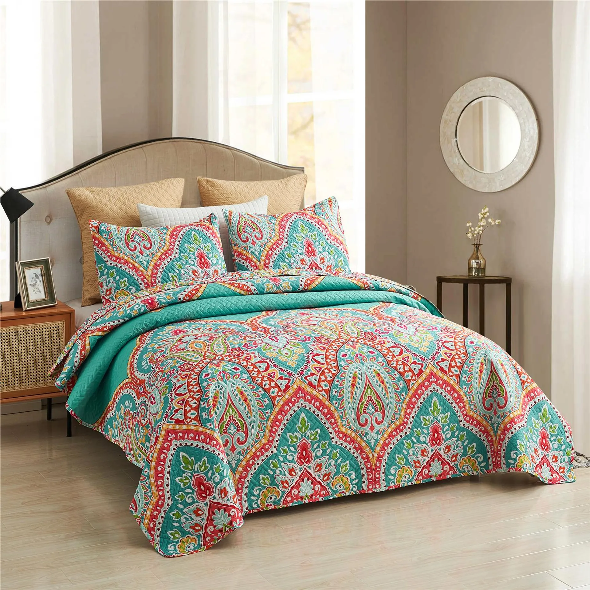 JML 3 Piece Microfiber Printed Quilt Set, Soft Coverlet Bedspread, 1 Quilt And 2 Shams