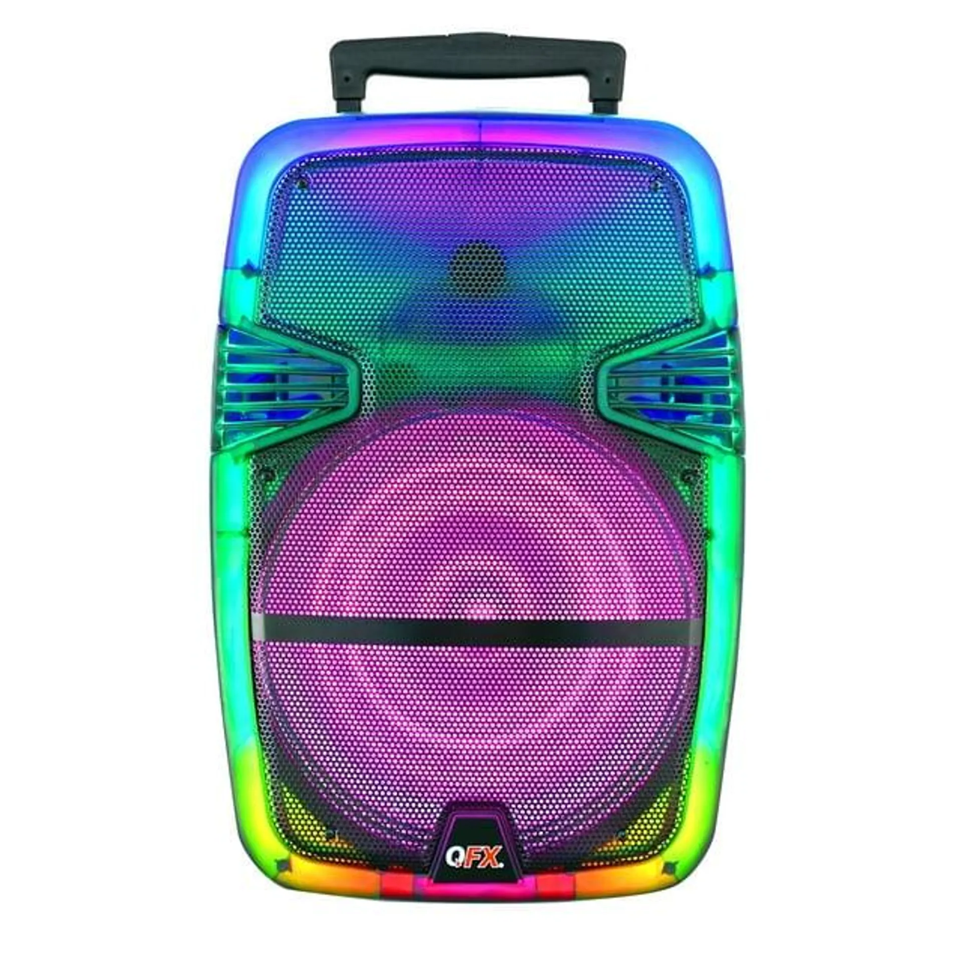 QFX TMS-1560 15” Portable Bluetooth Rechargable Party Speaker with Translucent Motion Party Lights and Remote