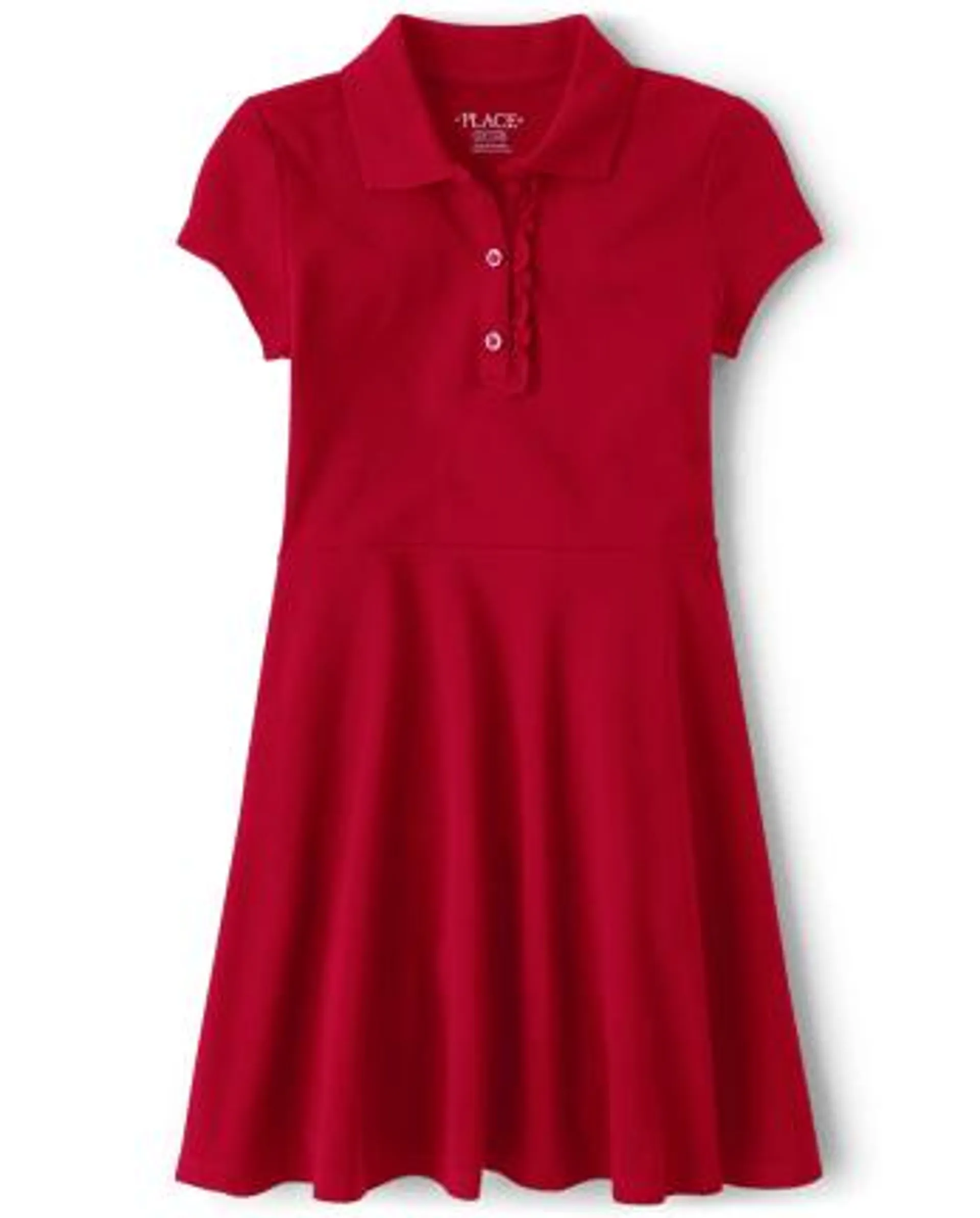 Girls Uniform Ruffle Pique Polo Dress - ruby