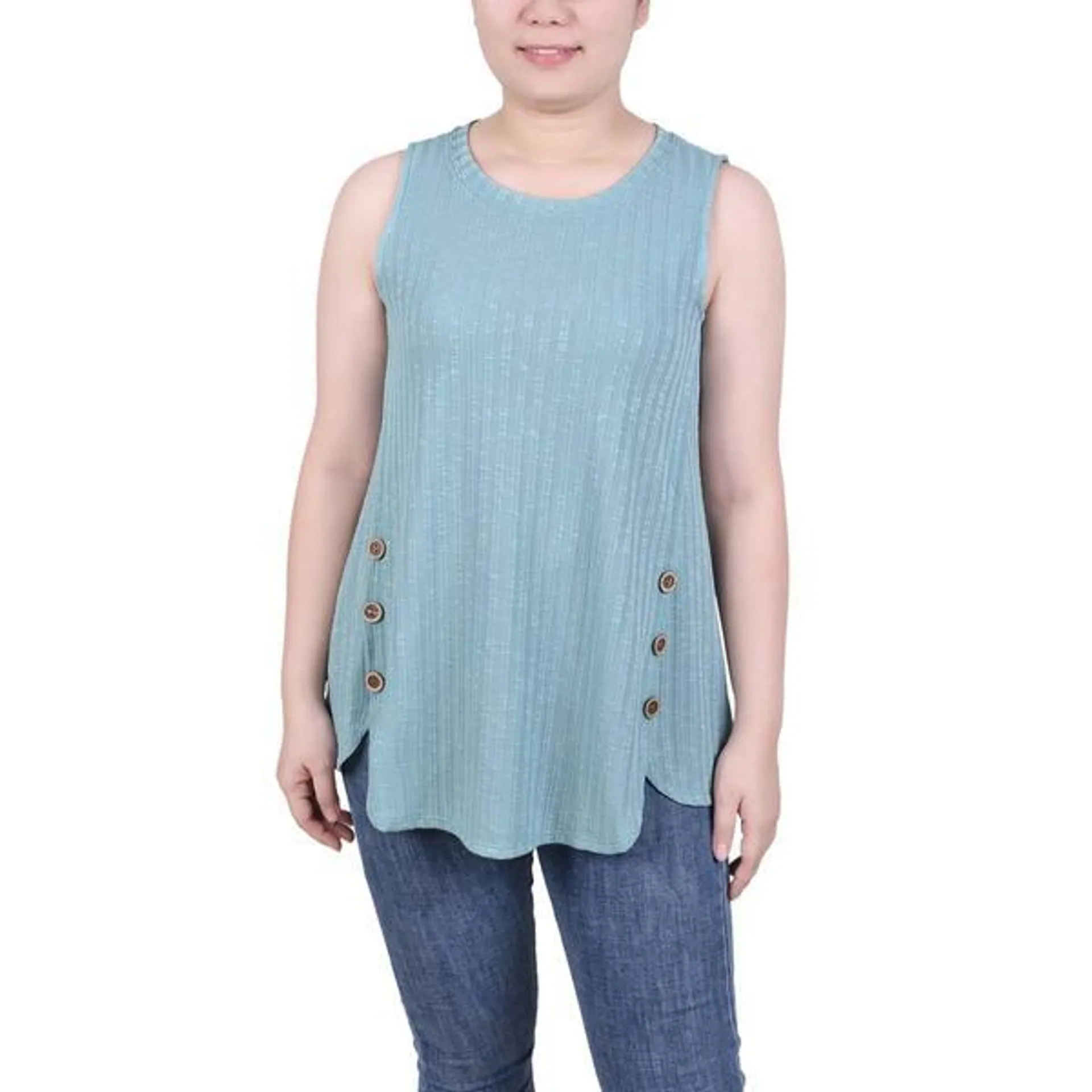 Womens NY Collection Sleeveless Rib Knit Blouse with Buttons